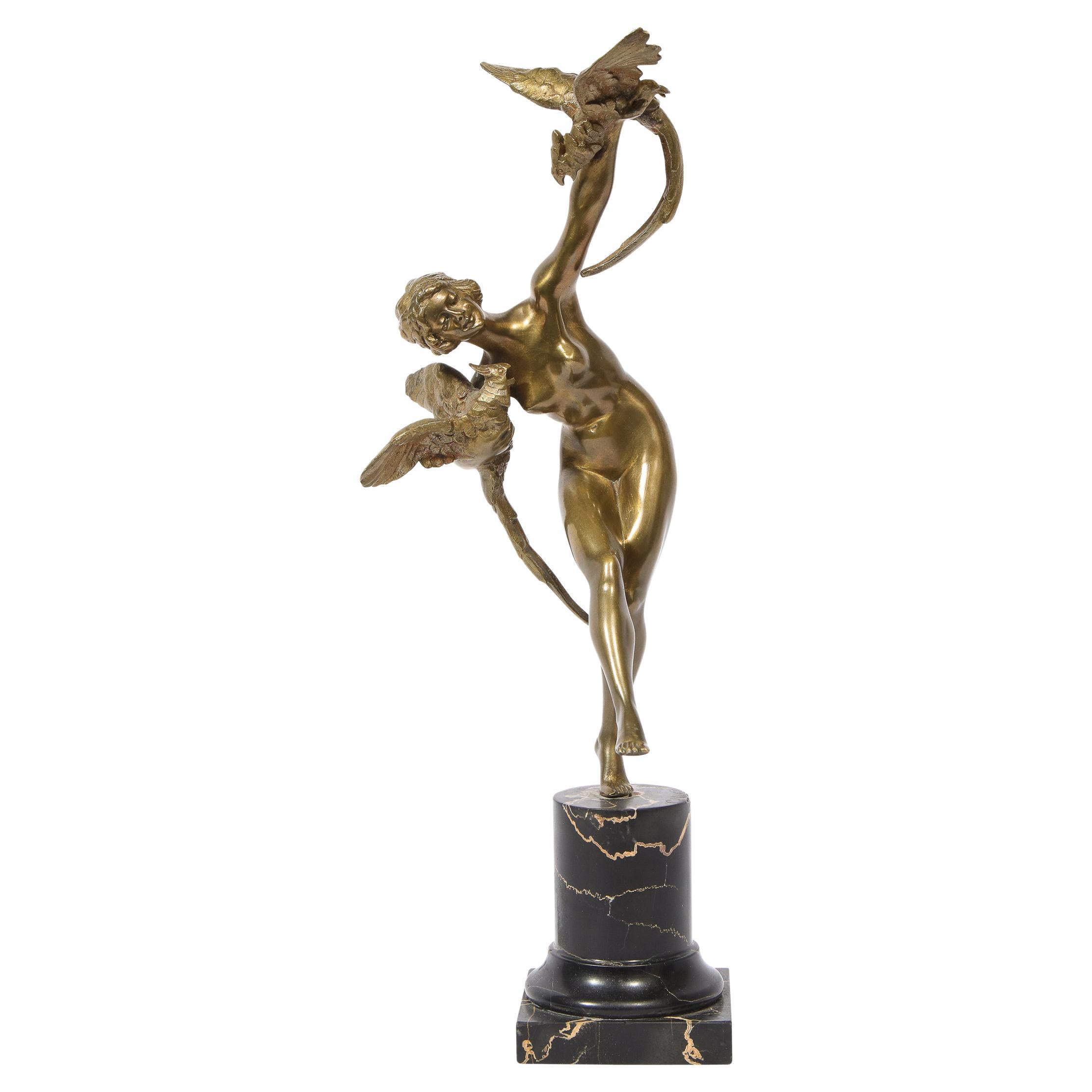 French Art Deco Bronze Figurative Sculpture with Pheasants on Exotic Marble Base For Sale