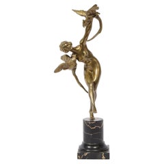 French Art Deco Bronze Figurative Sculpture with Pheasants on Exotic Marble Base