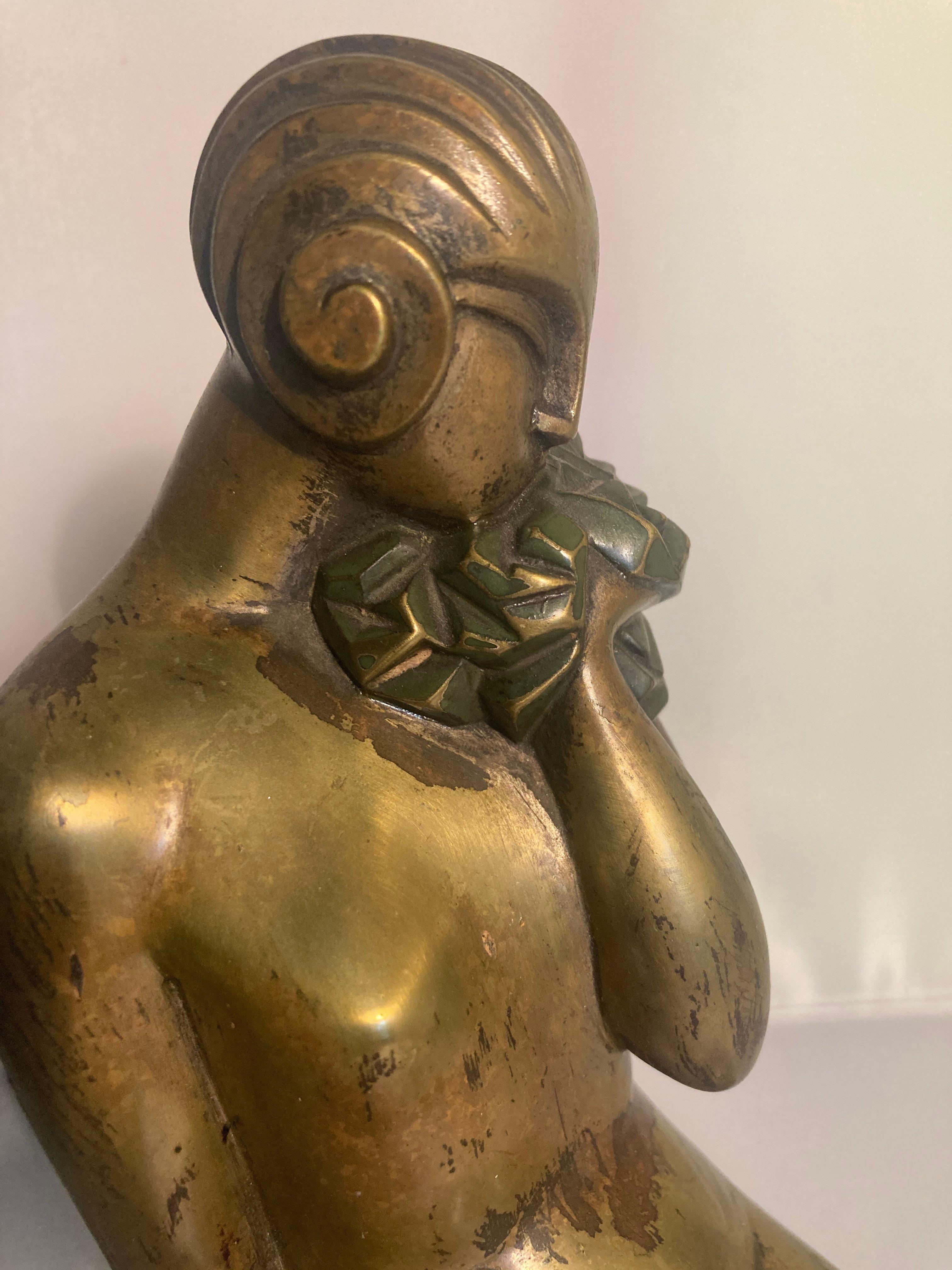 Patinated French Art Deco Bronze Figure of Sibylle May on a Wooden Base, Signed For Sale