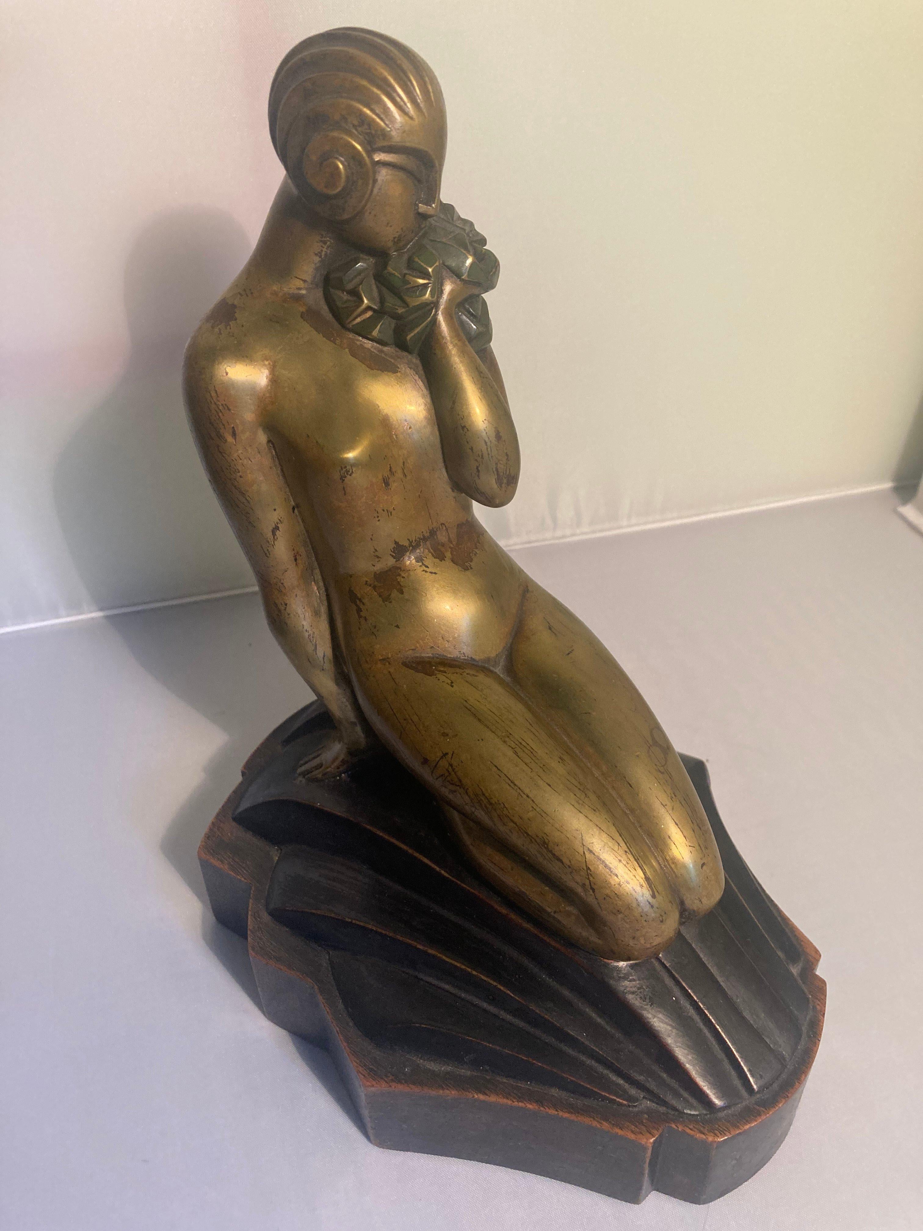 Early 20th Century French Art Deco Bronze Figure of Sibylle May on a Wooden Base, Signed For Sale