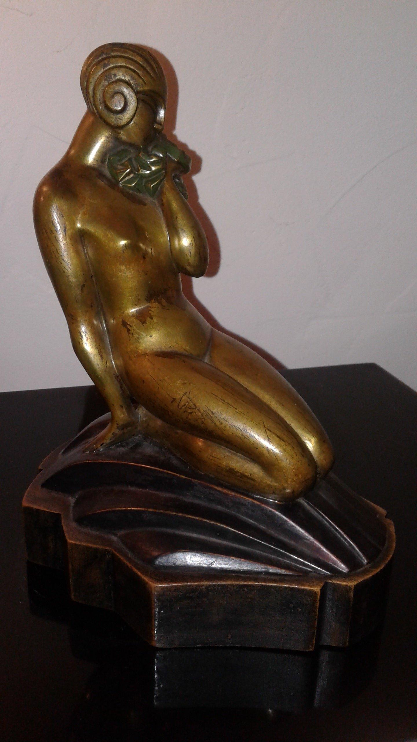 French Art Deco Bronze Figure of Sibylle May on a Wooden Base, Signed For Sale 1