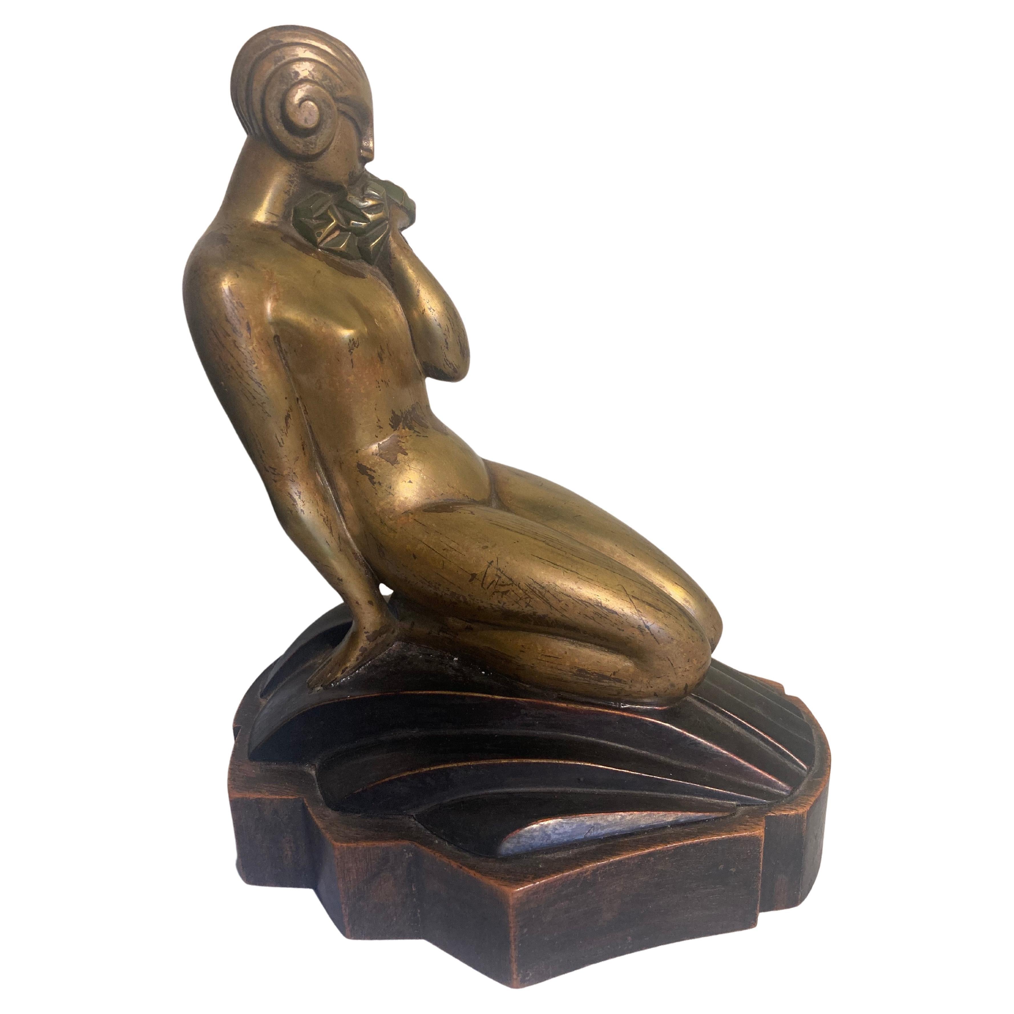 French Art Deco Bronze Figure of Sibylle May on a Wooden Base, Signed For Sale