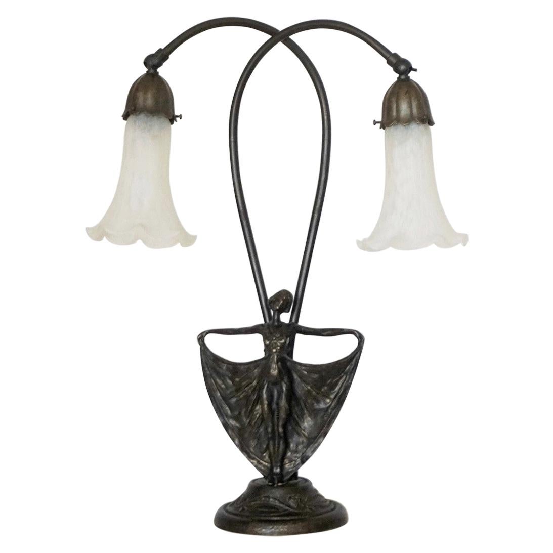 French Art Deco Bronze Figurine Articulated Double Arm Table Lamp, 1930