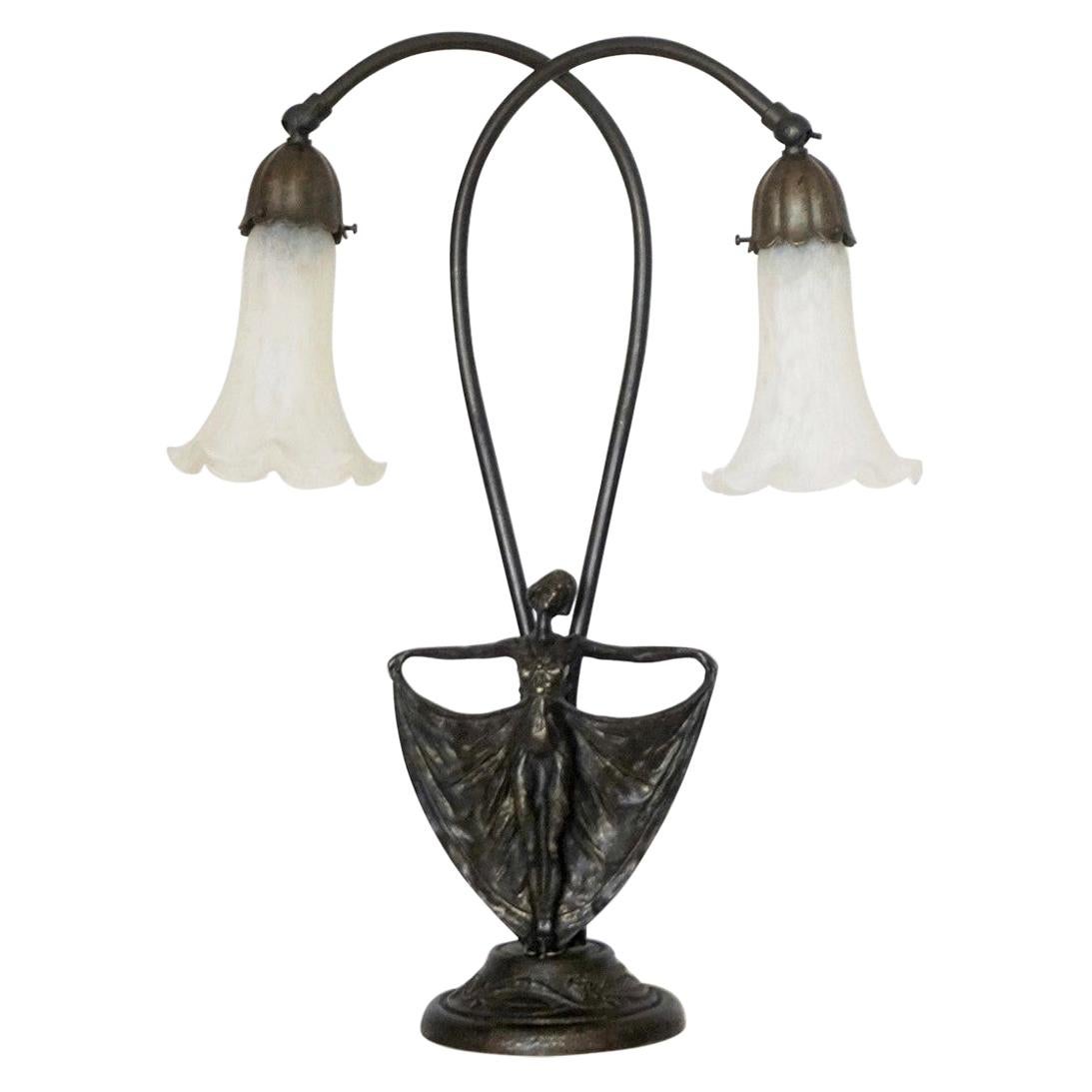 French Art Deco Bronze Figurine Articulated Double Arm Table Lamp, 1930-1939