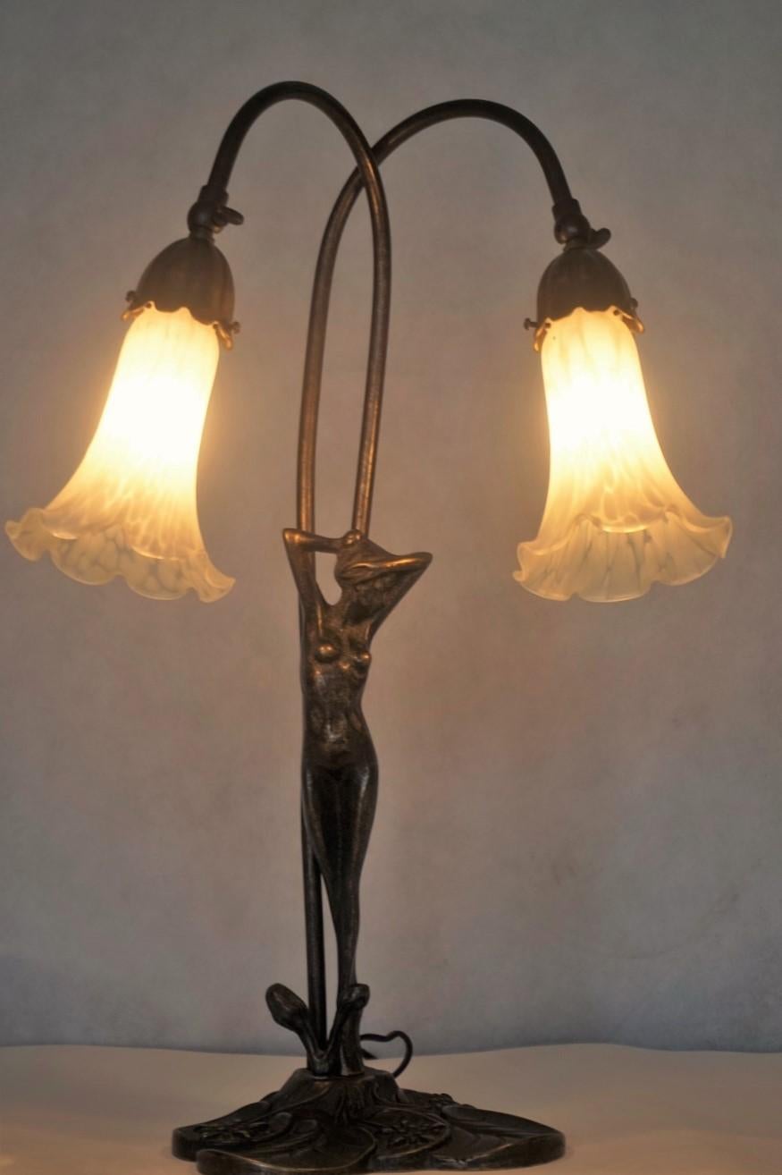 French Art Deco Bronze Figurine Articulated Double Arm Table Lamp For Sale 5