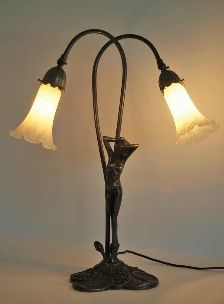French Art Deco Bronze Figurine Articulated Double Arm Table Lamp For