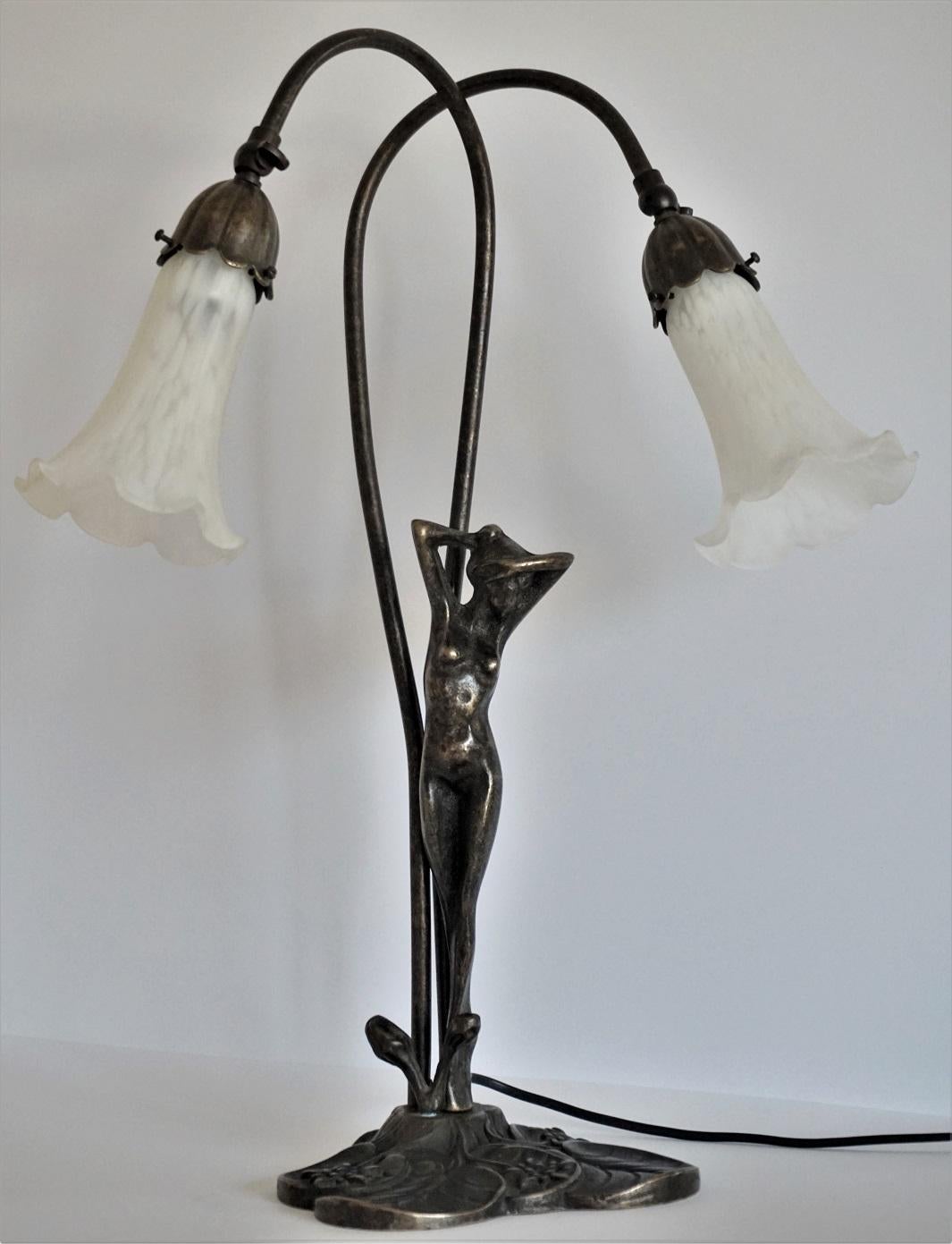 Cast French Art Deco Bronze Figurine Articulated Double Arm Table Lamp For Sale