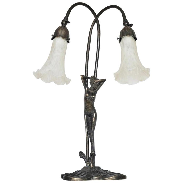 French Art Deco Bronze Figurine Articulated Double Arm Table Lamp For