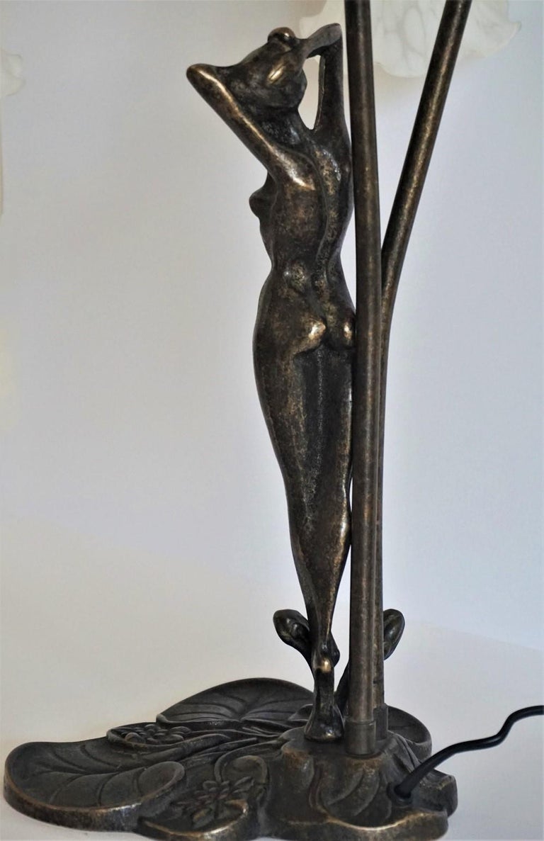 French Art Deco Bronze Figurine Double Arm Table Lamp with Art Glass