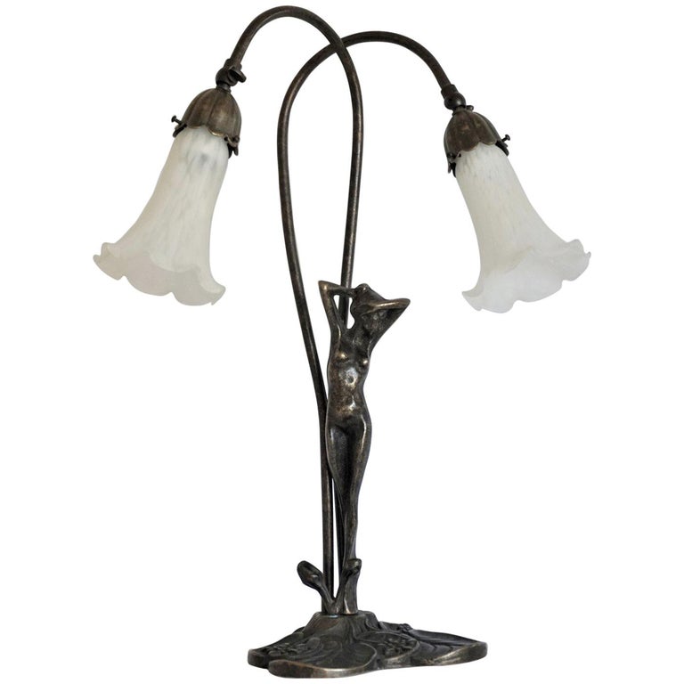 French Art Deco Bronze Figurine Double Arm Table Lamp With Glass Shades