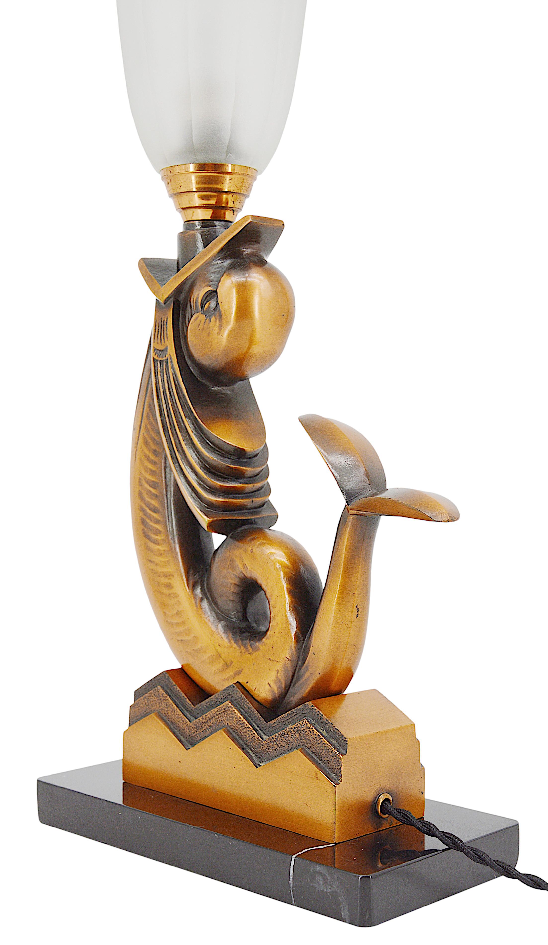 French Art Deco Bronze Fish Table Lamp, ca.1930s For Sale at 1stDibs