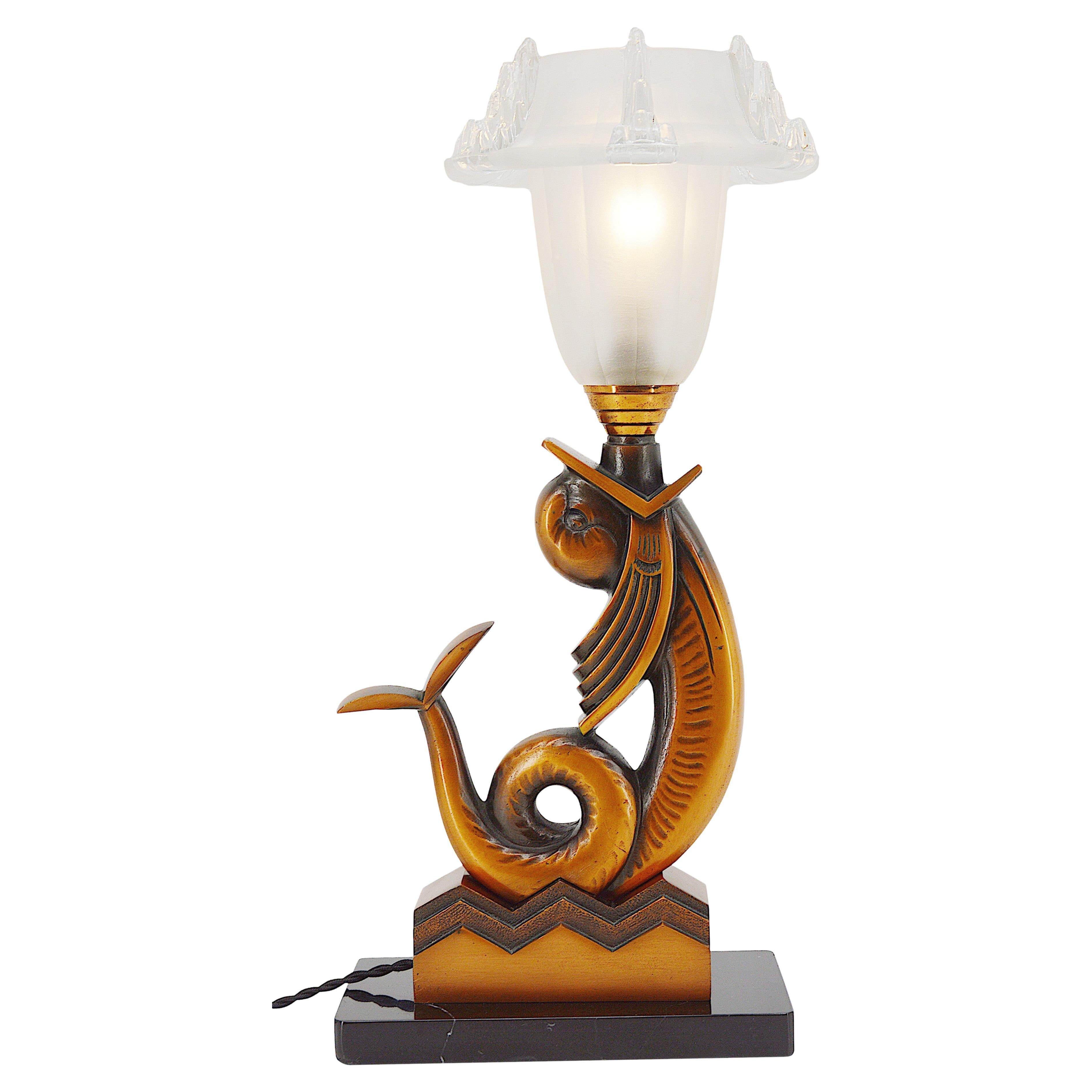 Französische Art-Déco-Fisch-Tischlampe aus Bronze, ca. 1930er Jahre