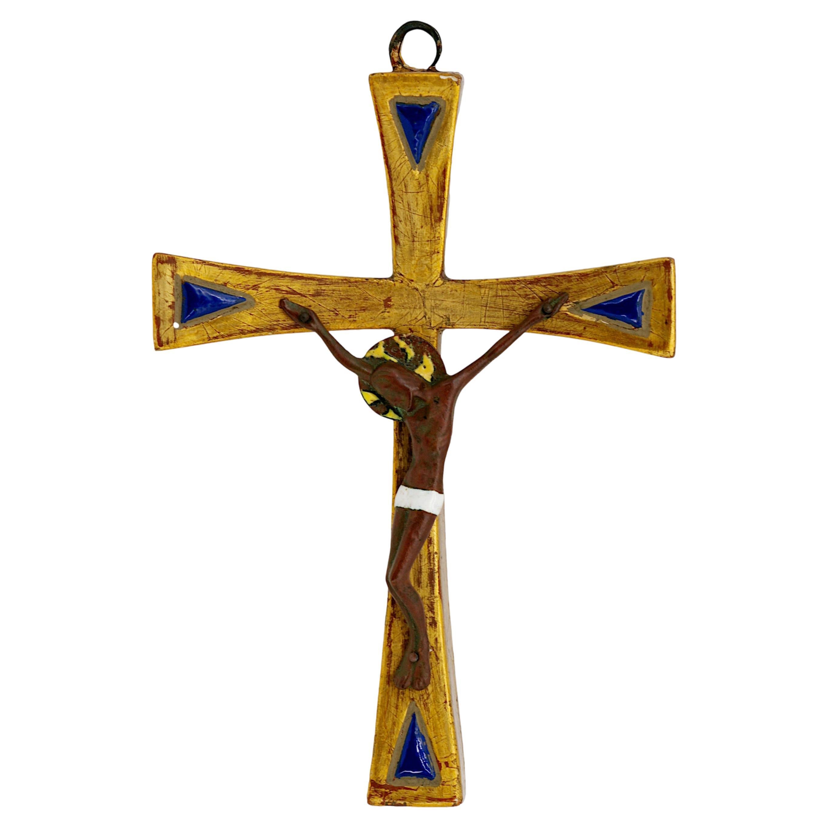 Crucifix Art Déco en bronze et bois doré, 1920