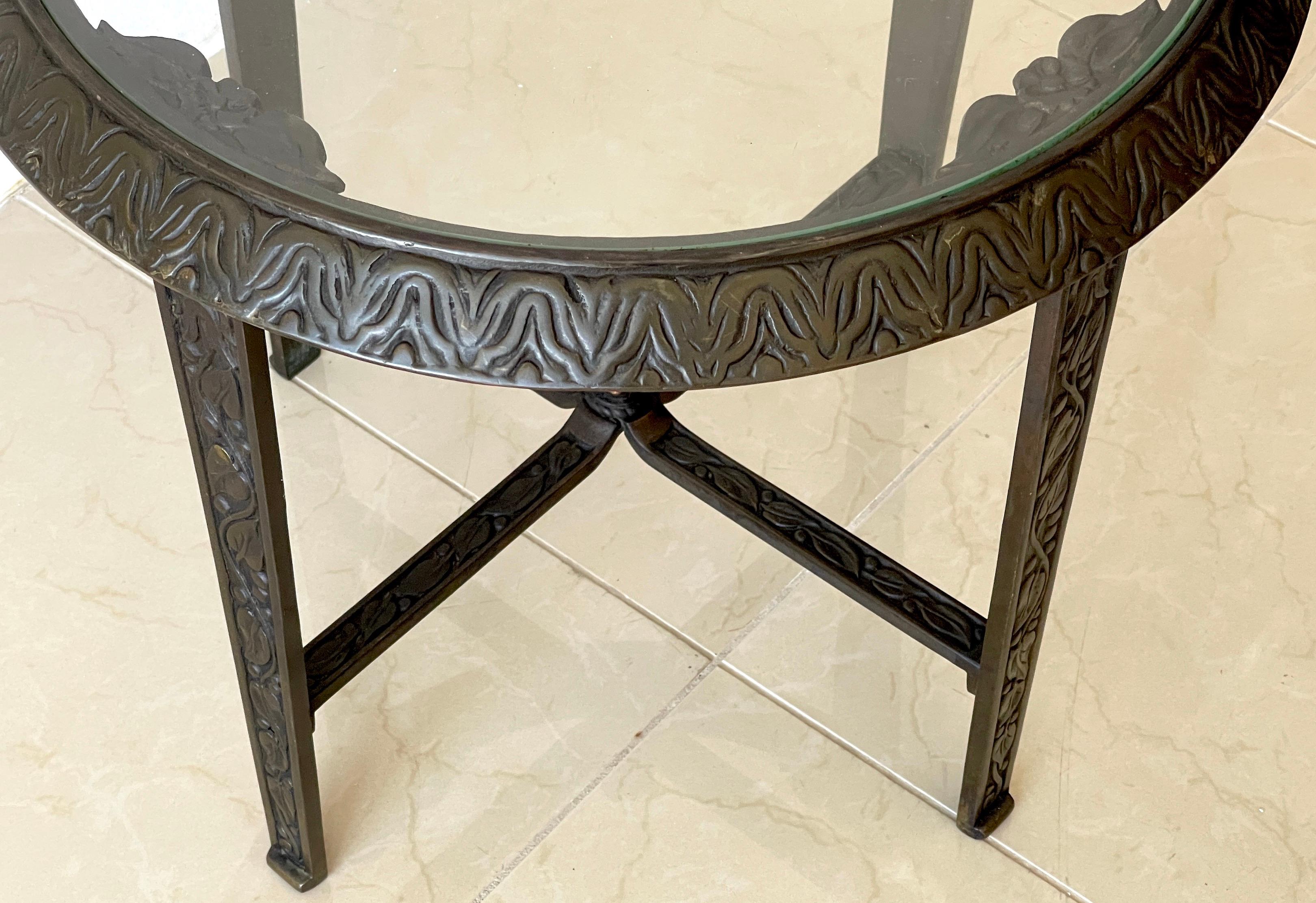 French Art Deco Bronze & Glass Side Table, Style of Edgar Brandt In Good Condition In West Palm Beach, FL