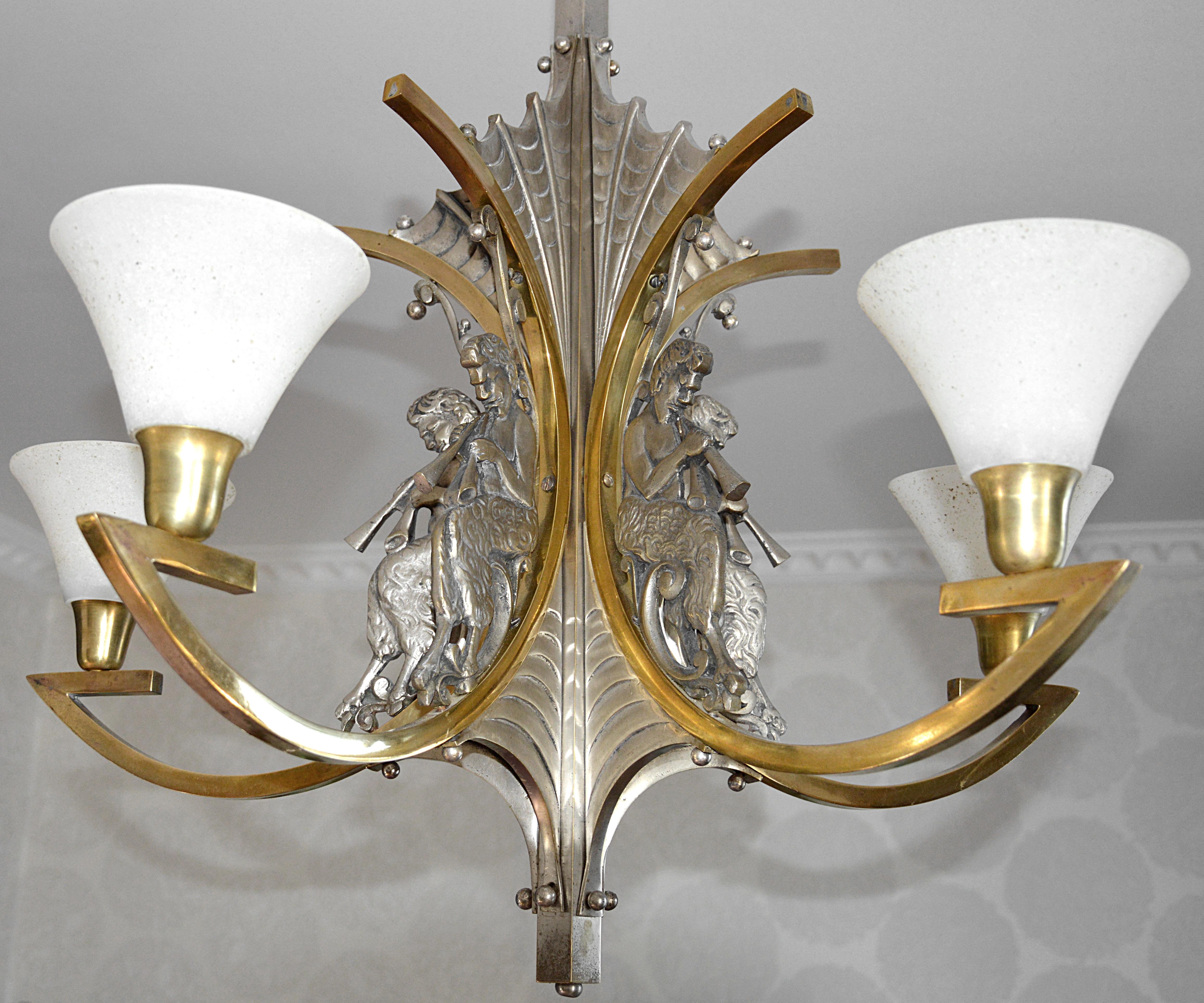 Early 20th Century French Art Deco Bronze God Pan Chandelier, 1920 For Sale