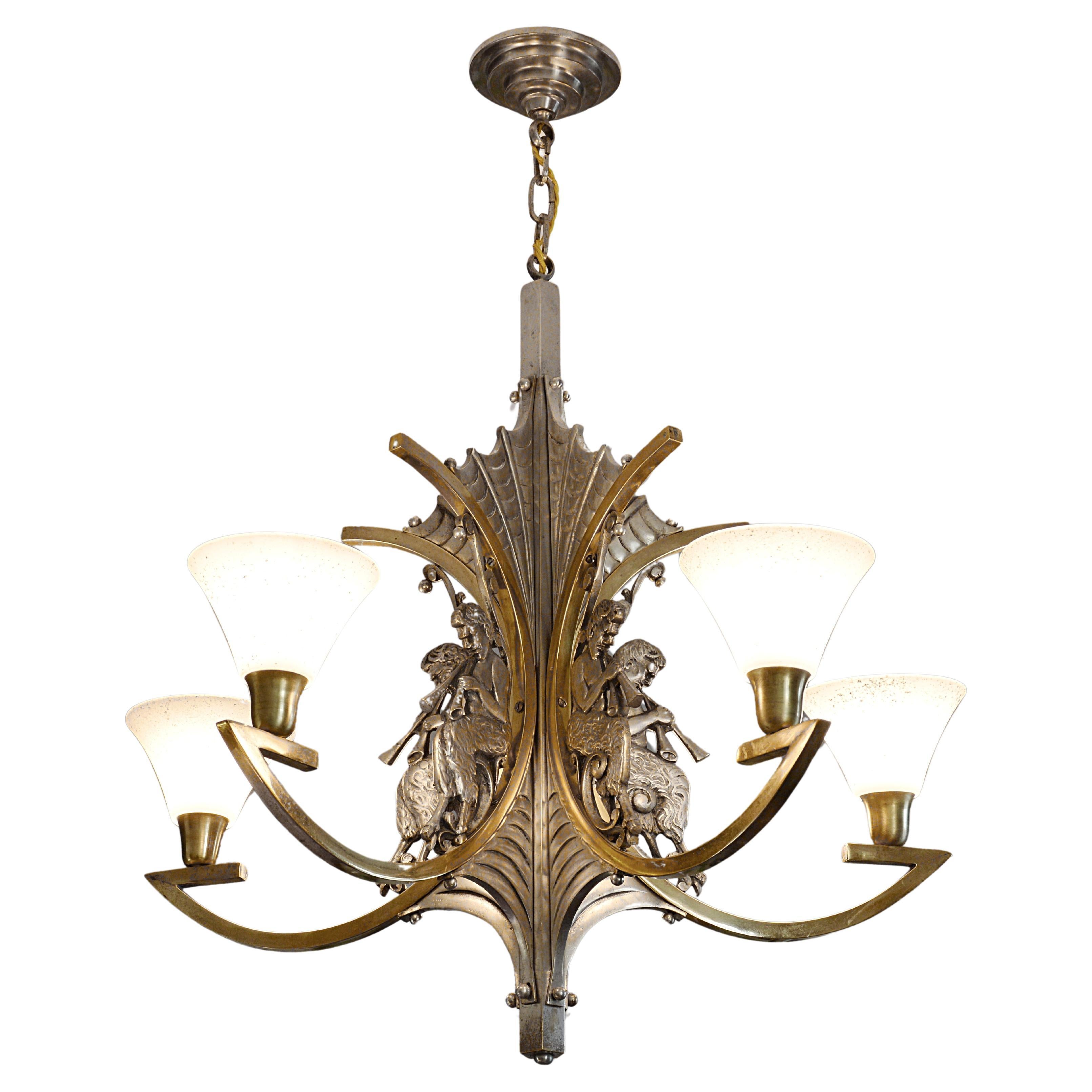French Art Deco Bronze God Pan Chandelier, 1930 For Sale