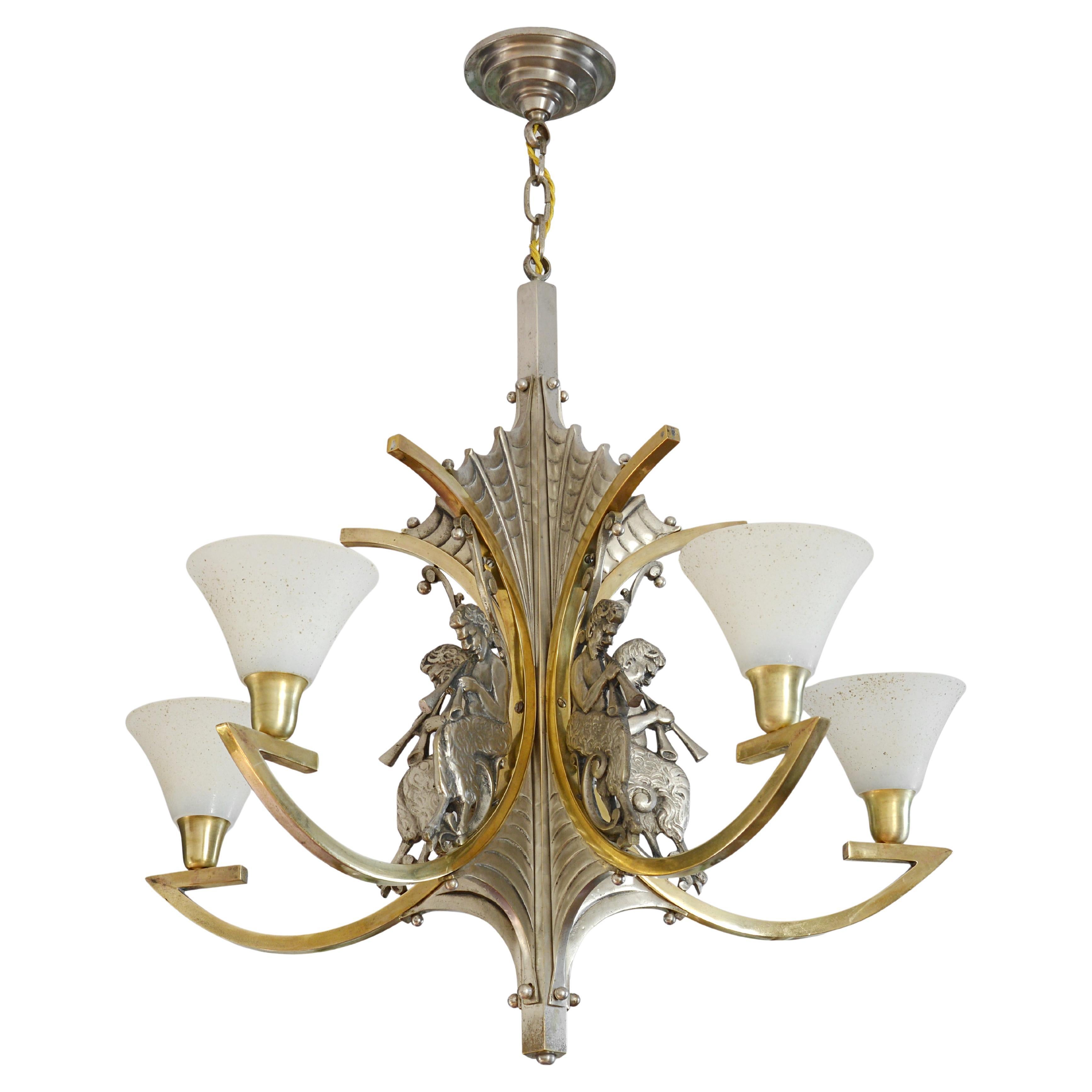 French Art Deco Bronze God Pan Chandelier, 1920 For Sale