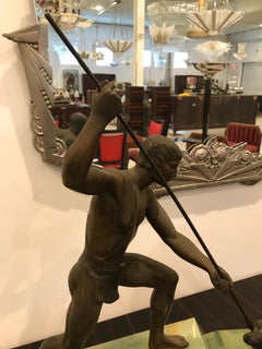 Escultura Art Decó Francesa de Bronce Cazador y Pantera Firmada Lemoine