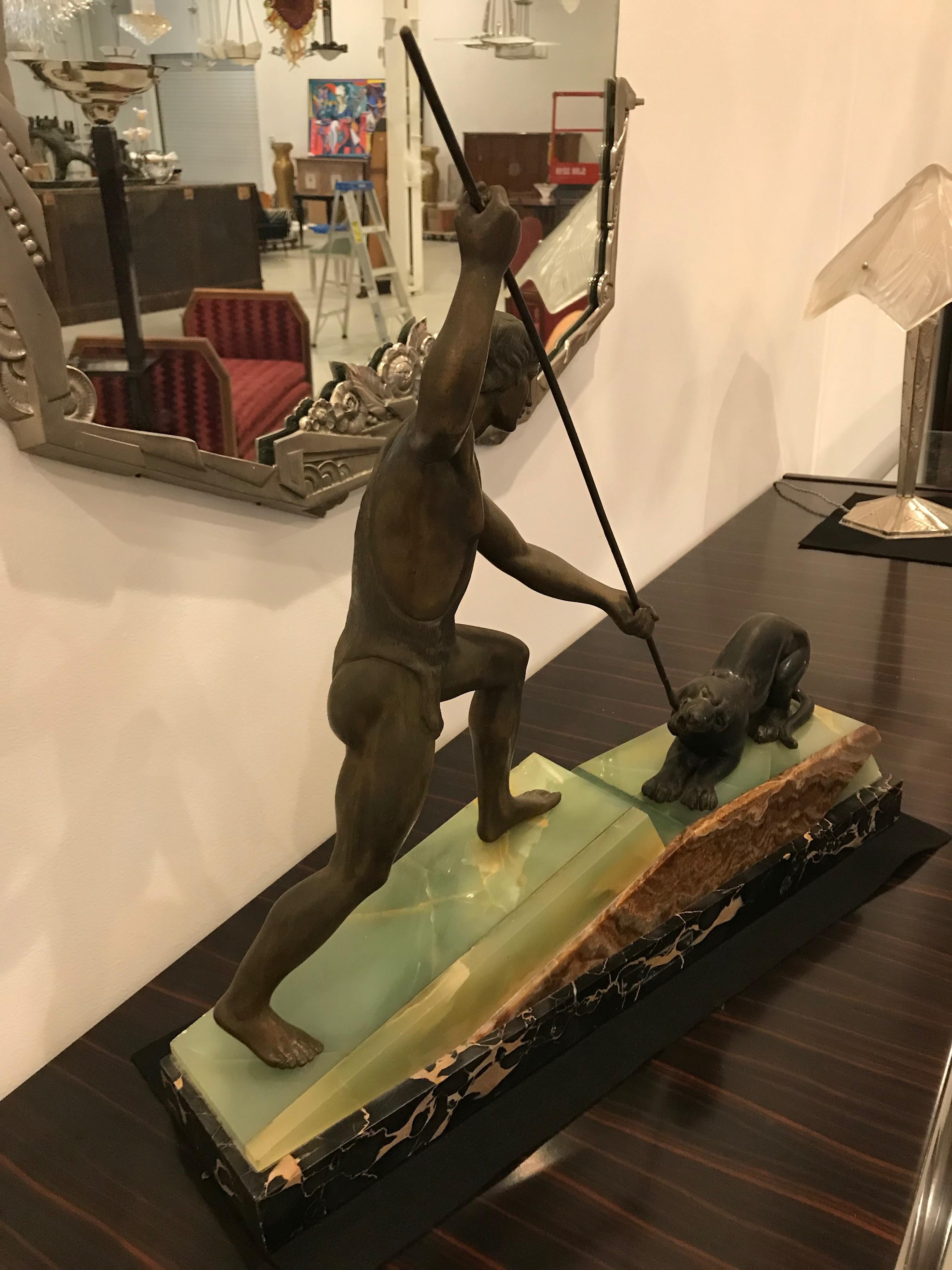 French Art Deco Bronze Hunter and Panther Sculpture Signed Lemoine In Excellent Condition For Sale In North Bergen, NJ