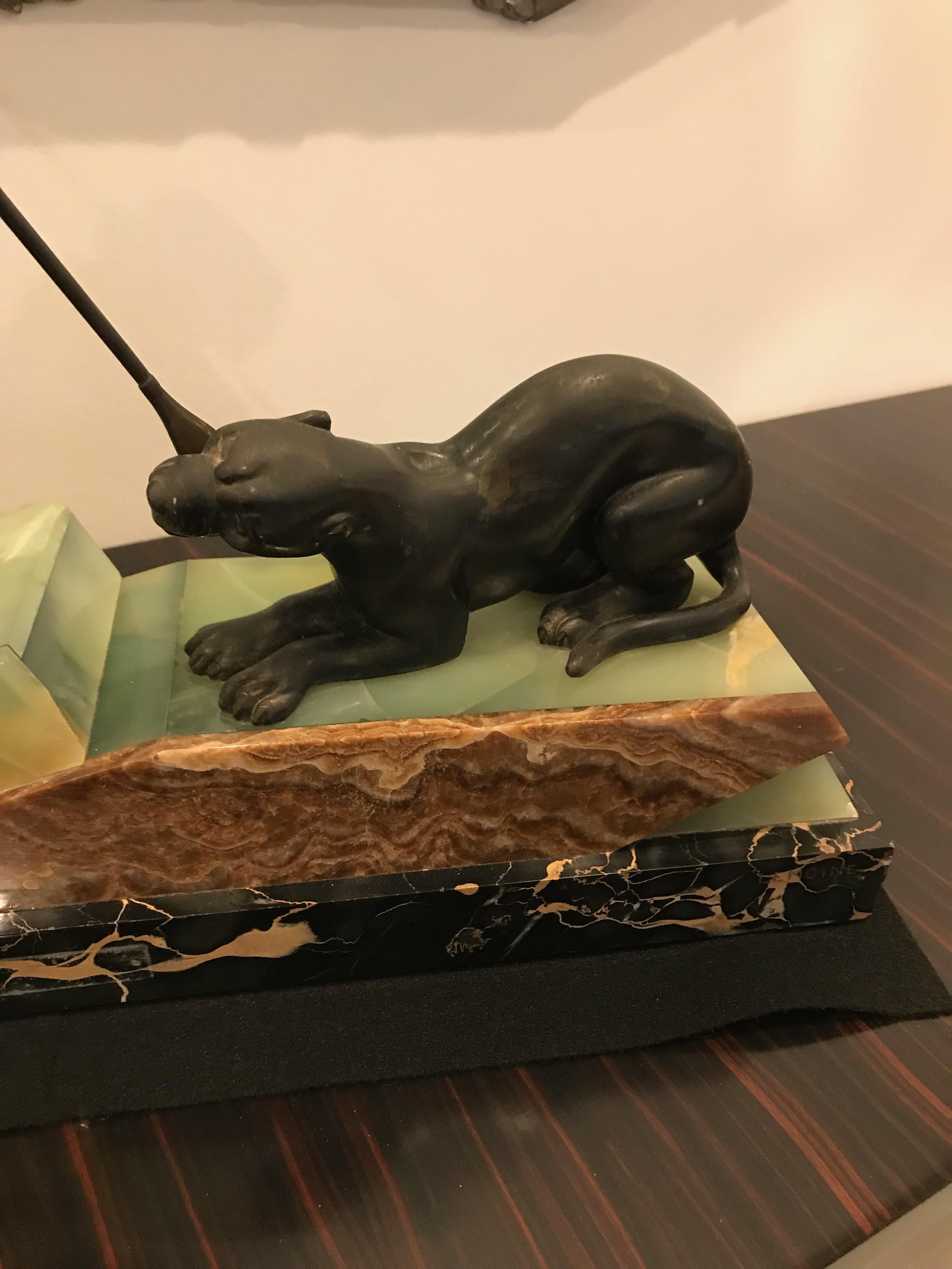 French Art Deco Bronze Hunter and Panther Sculpture Signed Lemoine For Sale 2