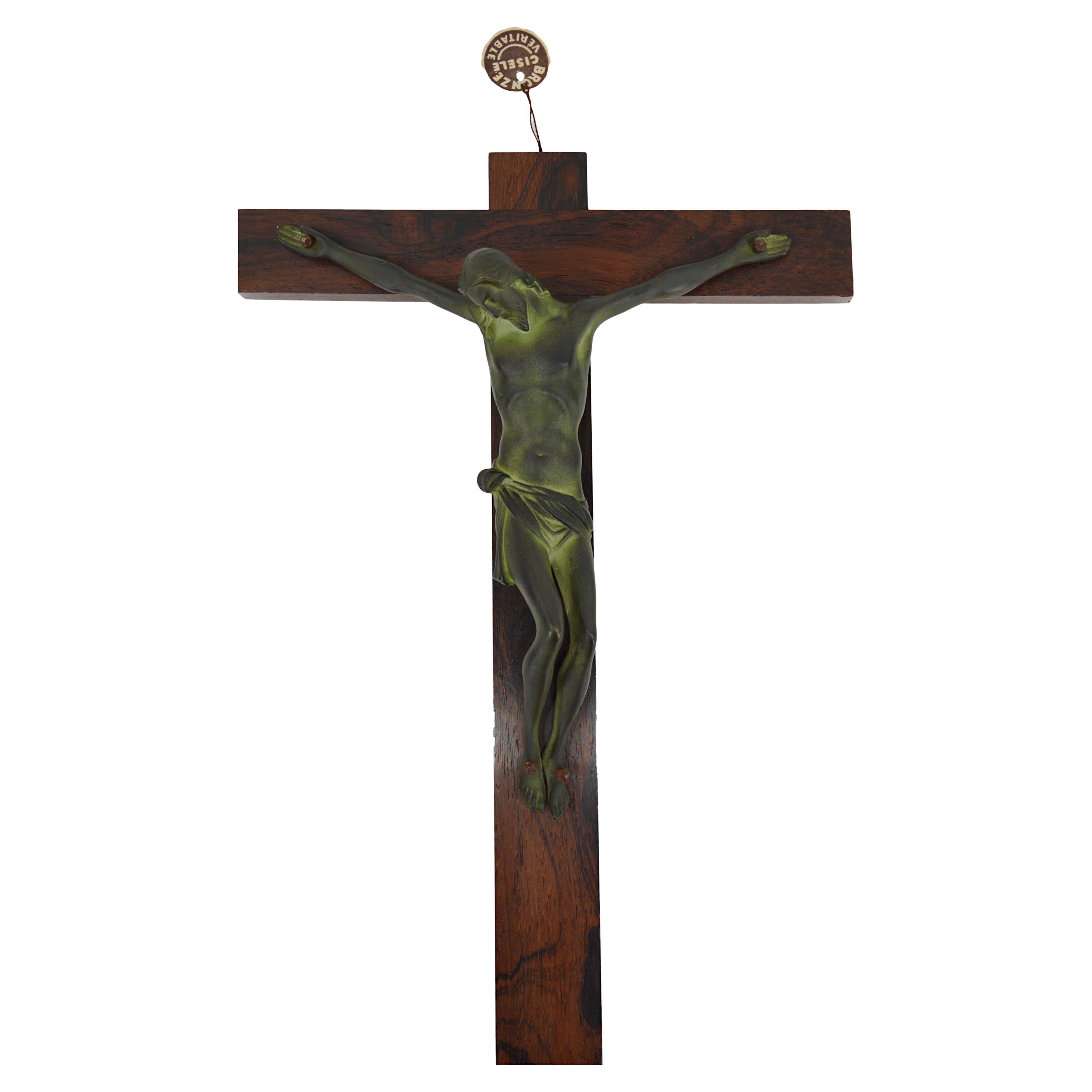 French Art Deco Bronze & Macassar Crucifix, 1930