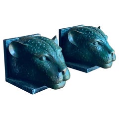 Vintage French Art Deco Bronze & Marble Cheetah Heads in the Manner of Max Le Ferrier