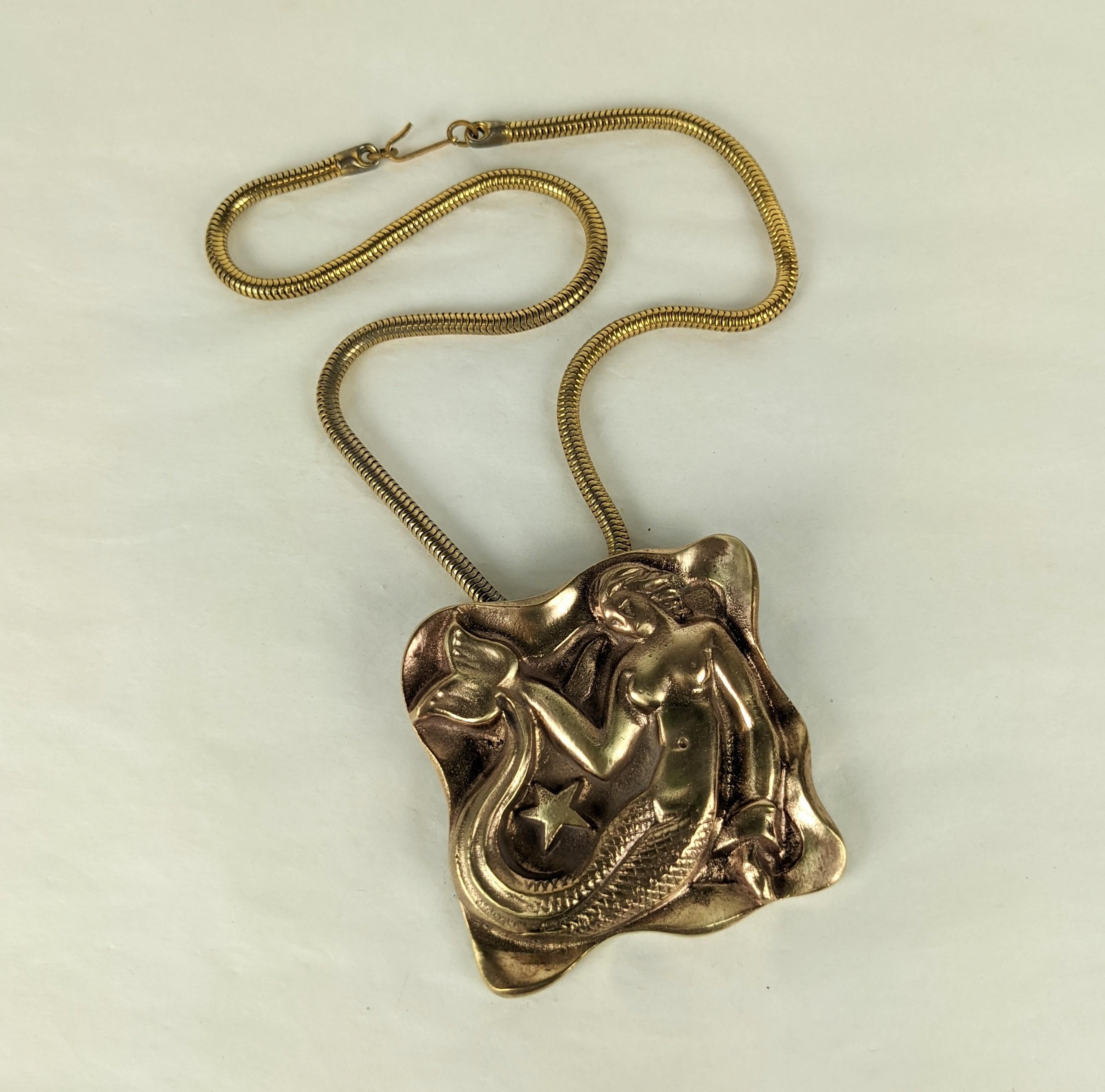French Art Deco Bronze Mermaid Pendant In Good Condition For Sale In New York, NY