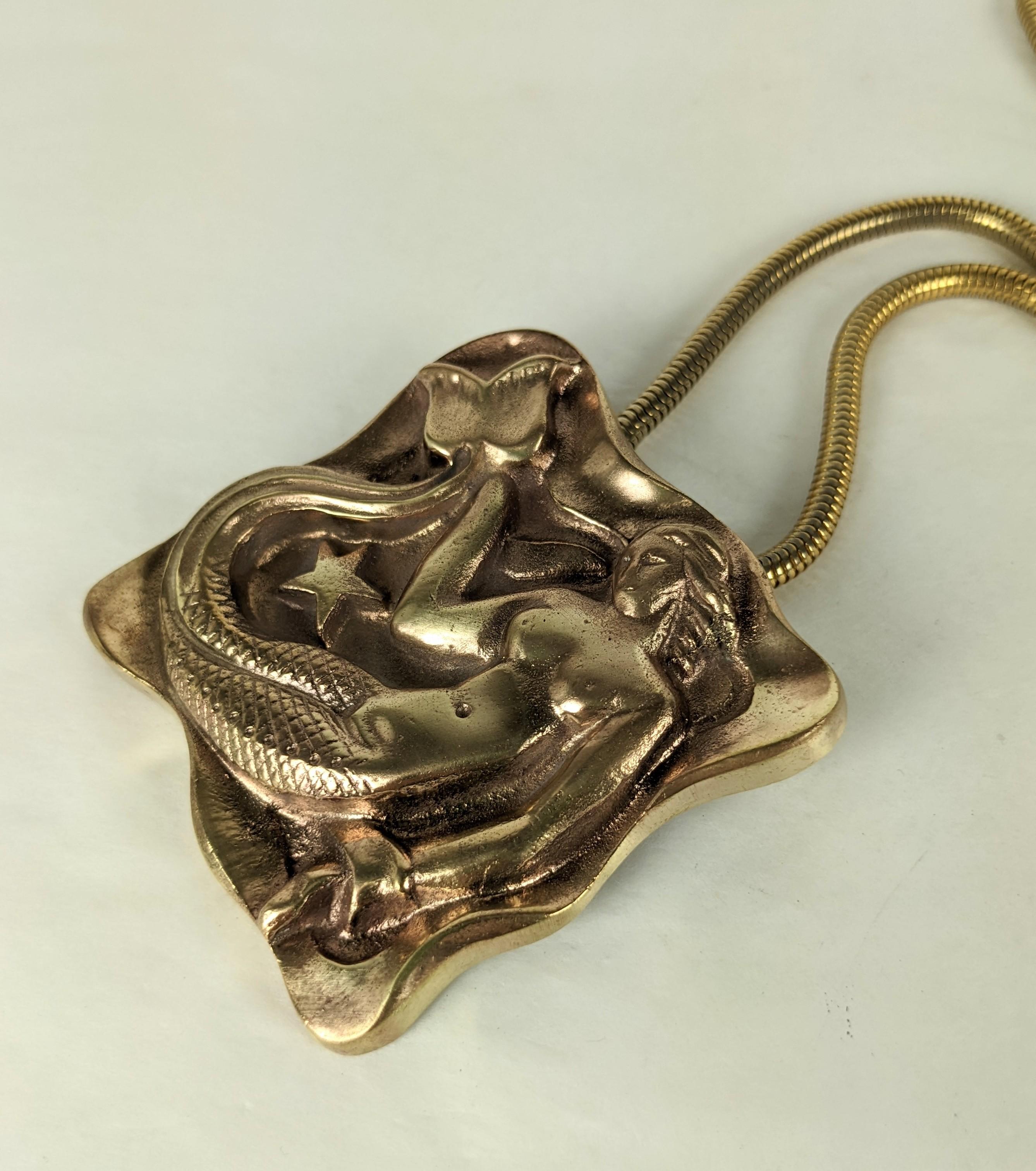 French Art Deco Bronze Mermaid Pendant For Sale 2