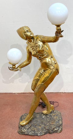 French Art Deco Bronze Moulin Rouge/ Flapper Balancing Lighted Balls Sculpture