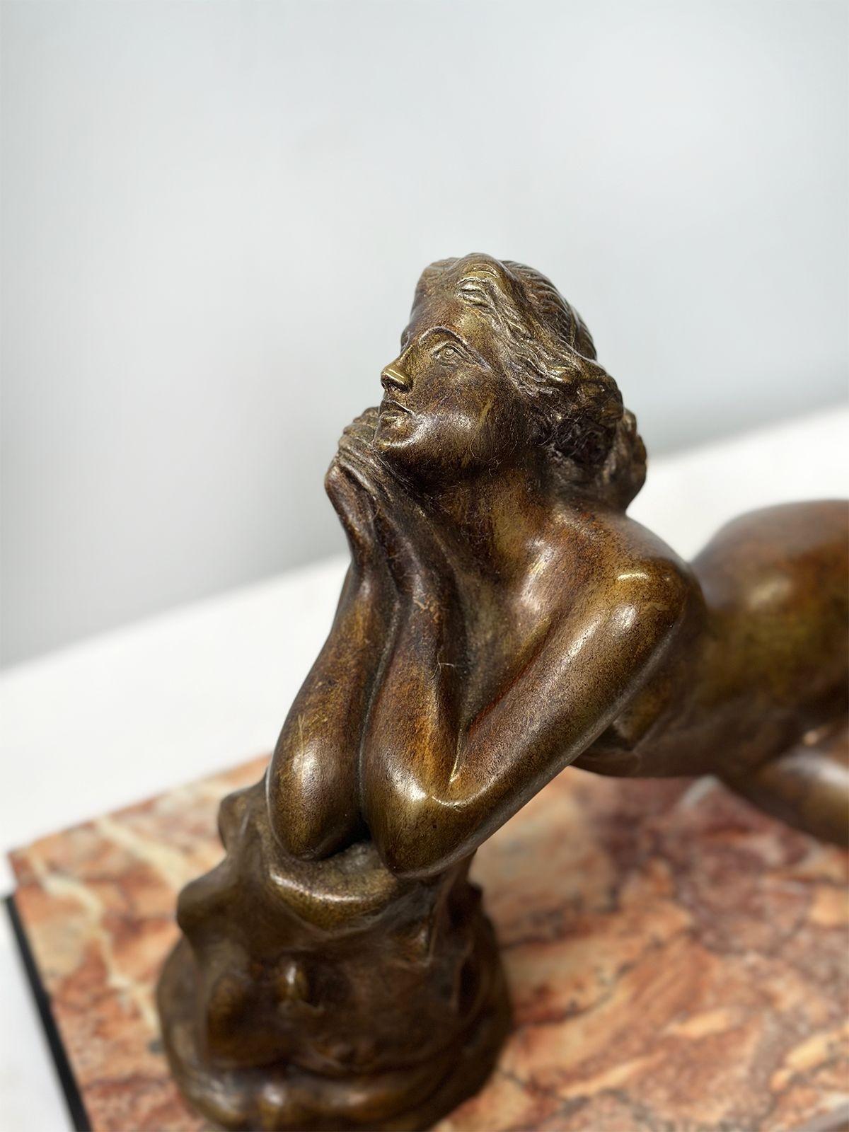French Art Deco Bronze Nude Sculpture on Marble & Onyx Base In Good Condition For Sale In Los Angeles, CA