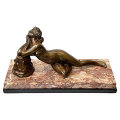 Vintage French Art Deco Bronze Nude Sculpture on Marble & Onyx Base