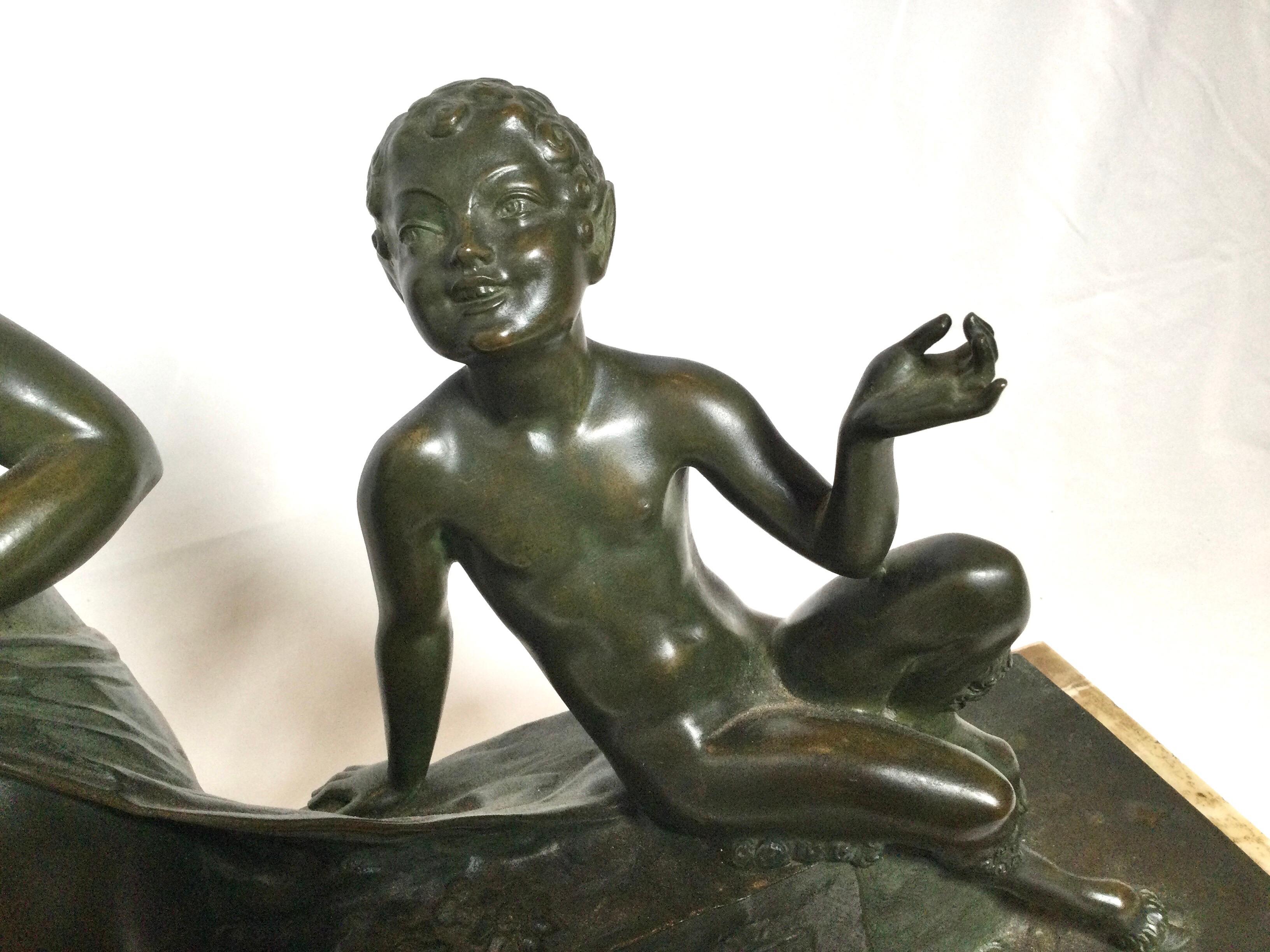 French Art Deco Bronze of Bacchante and Pan Artist Signed In Excellent Condition In Lambertville, NJ