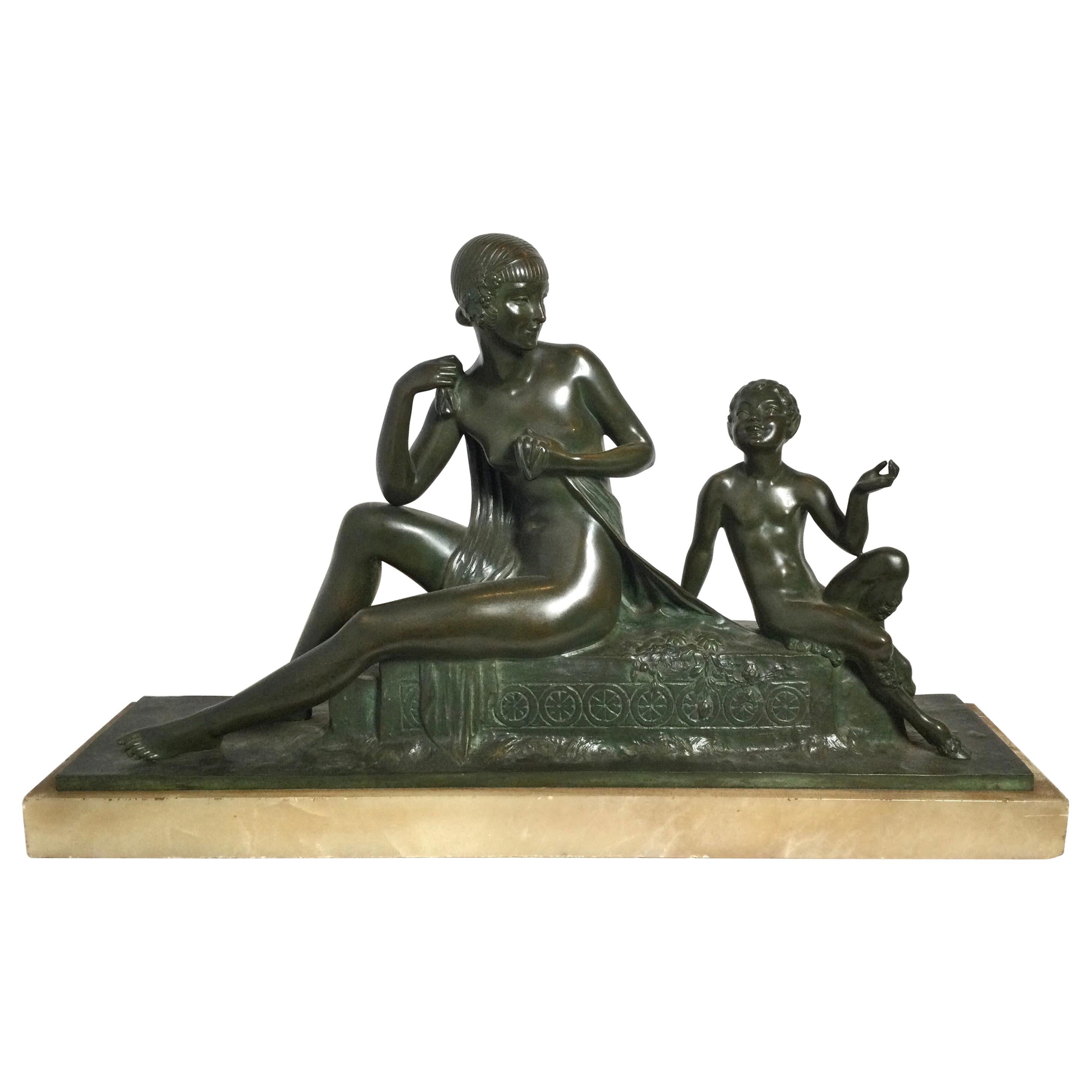 French Art Deco Bronze of Bacchante and Pan Artist Signed