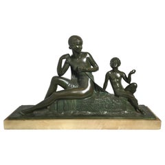 French Art Deco Bronze of Bacchante and Pan Artist Signed