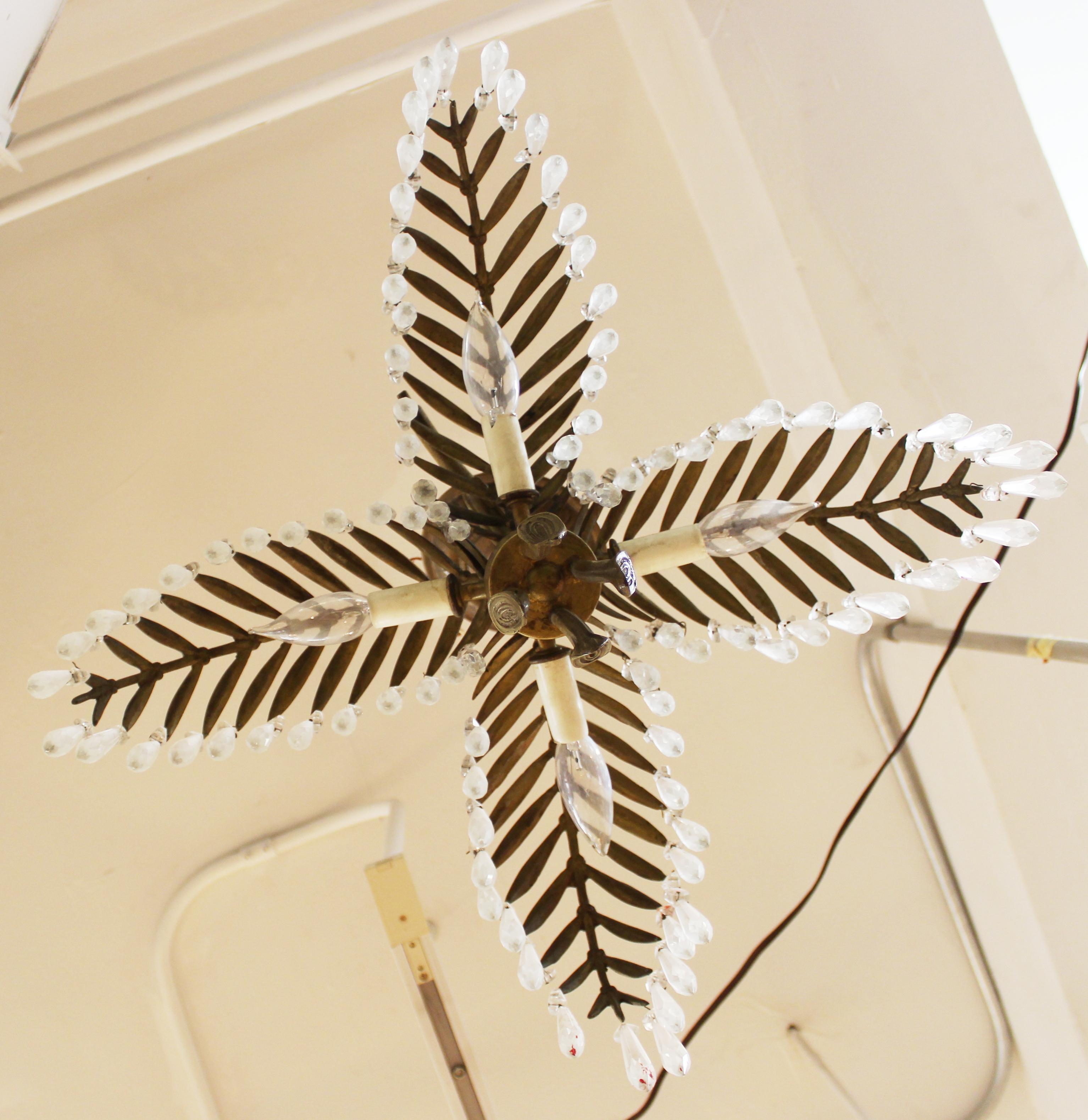 French Art Deco bronze palm frond pendant chandelier with crystal drops.