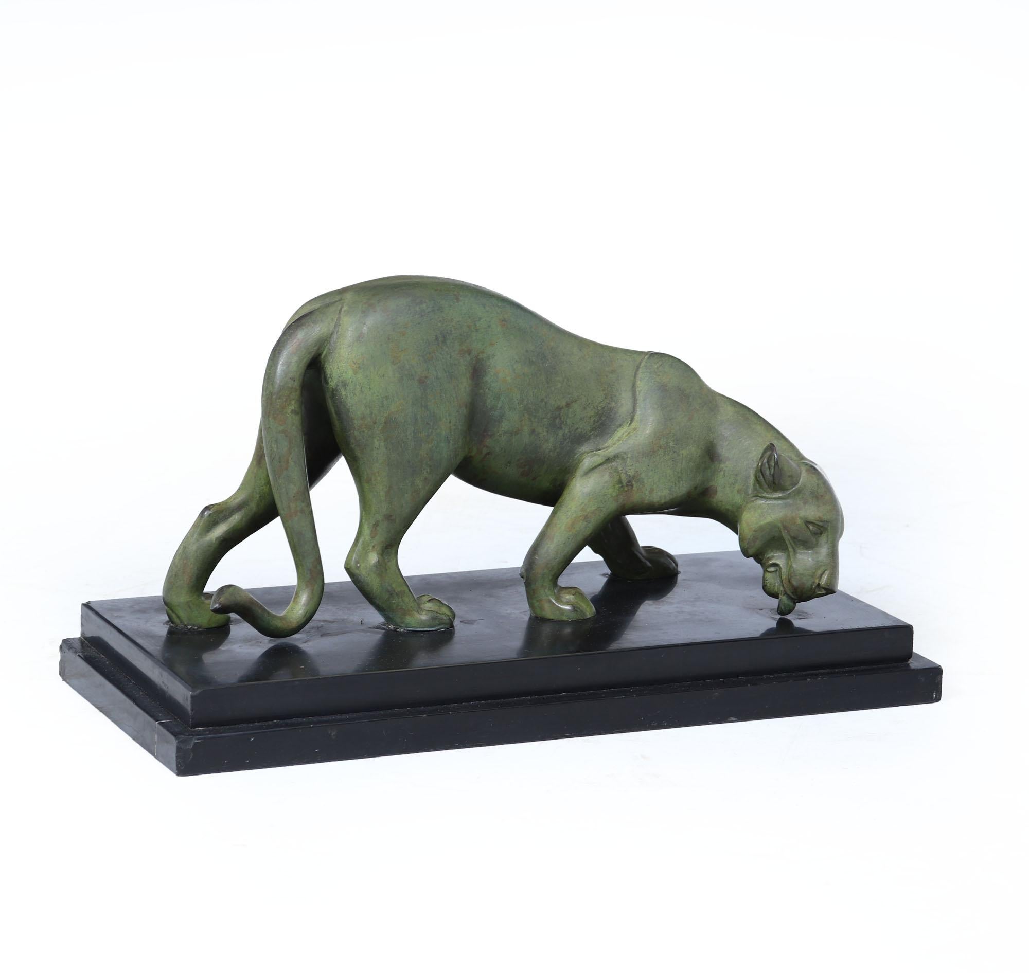 Art Deco  Bronze Panther by Rochard,

A striking French Art Deco bronze sculpture of a prowling panther by renowned artist Irénée Rochard (1906–1984), dating to the 1920s. Cast in bronze and finished in a rich verdigris green patina, this piece