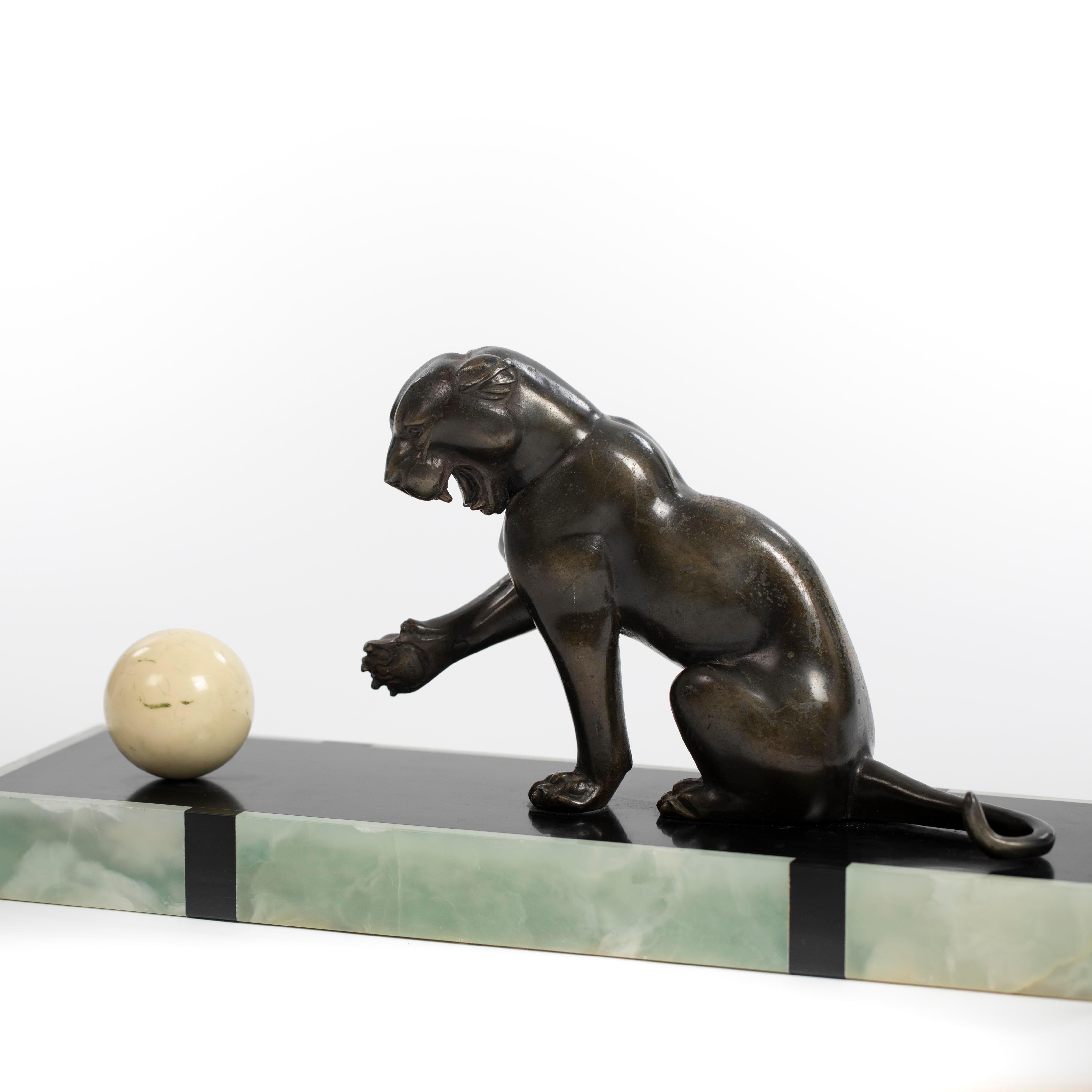 French Art Deco Bronze Panther on Marble Base with Jade Trim, signed LEDUC 1910s For Sale 5