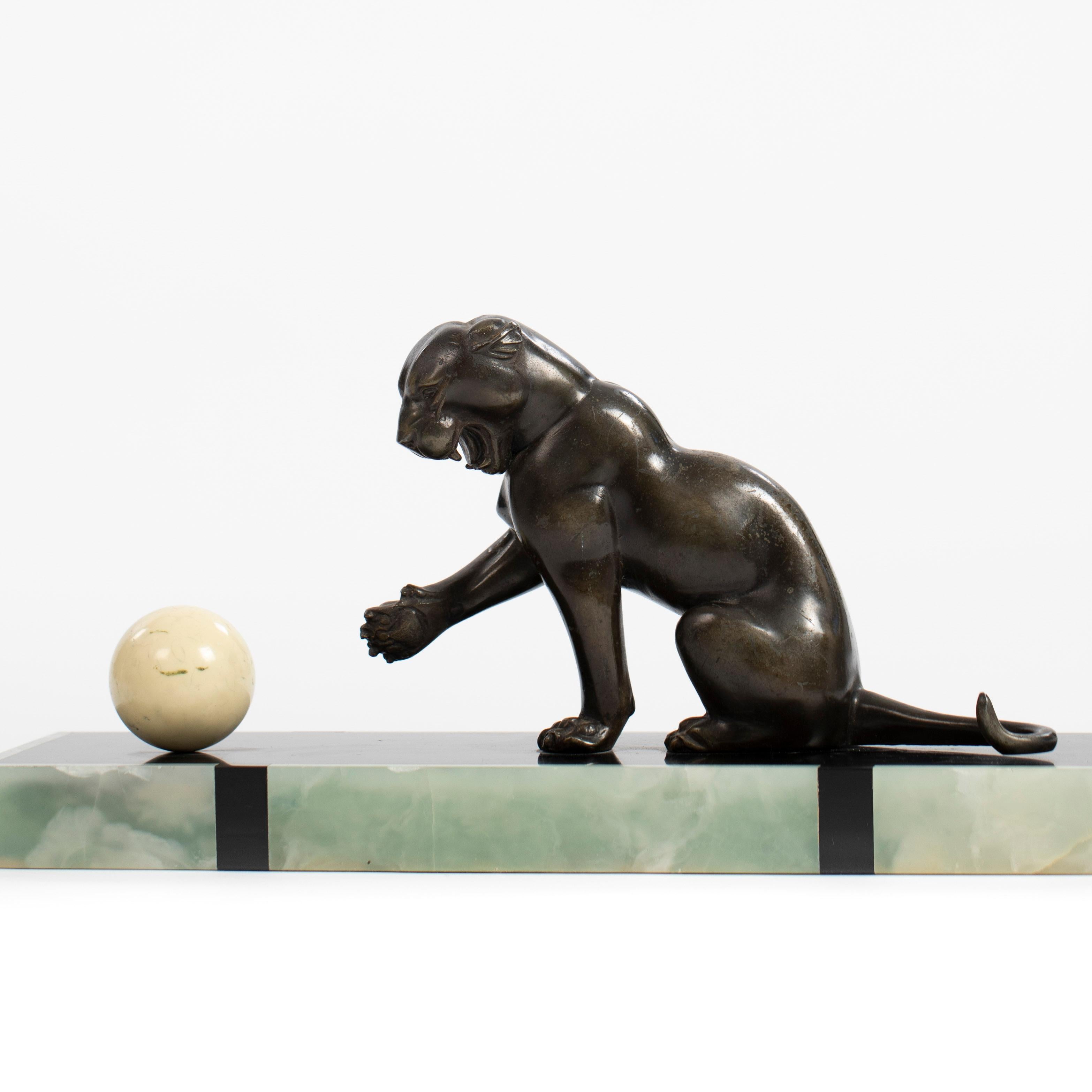 French Art Deco Bronze Panther on Marble Base with Jade Trim, signed LEDUC 1910s For Sale 6