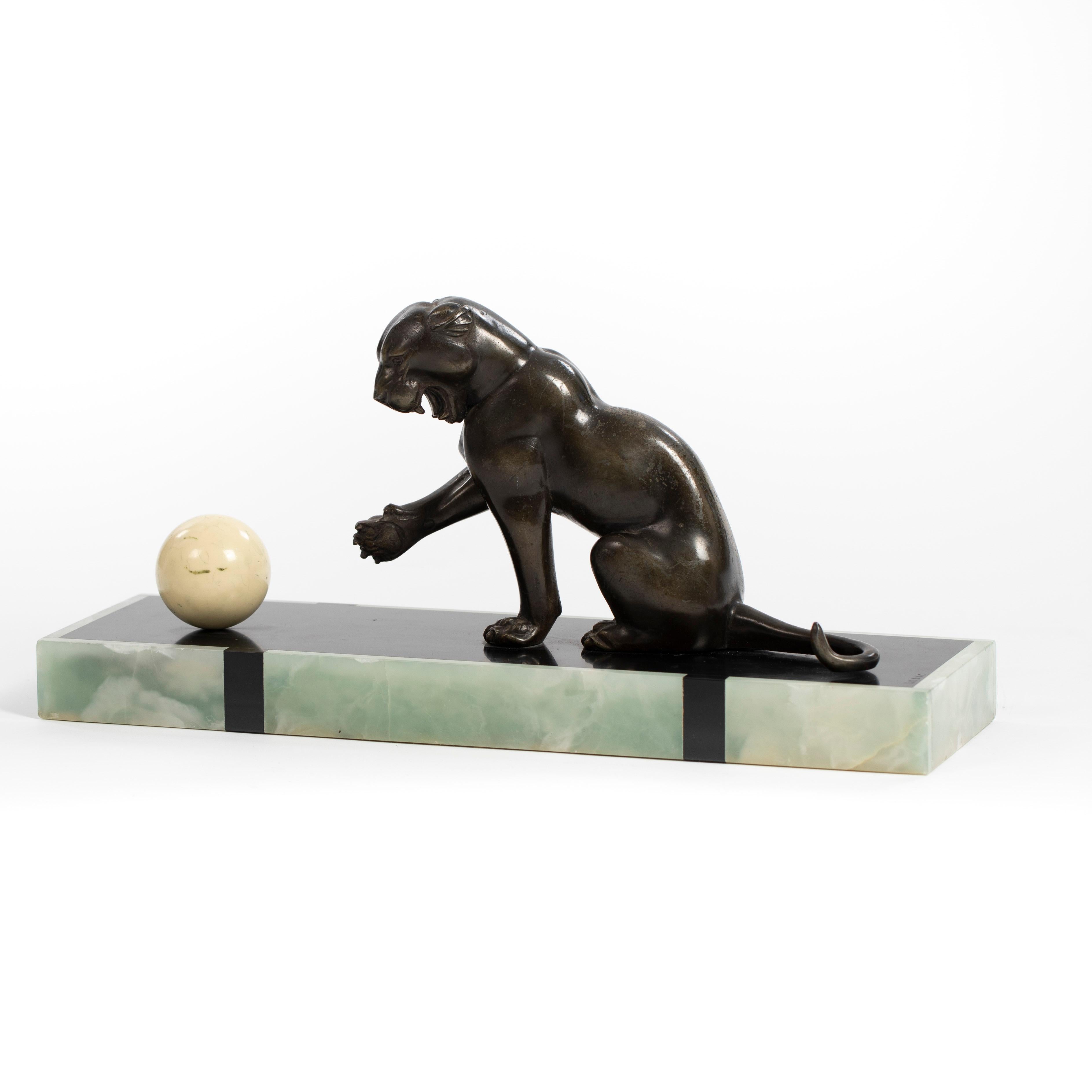 French Art Deco Bronze Panther on Marble Base with Jade Trim, signed LEDUC 1910s For Sale 7