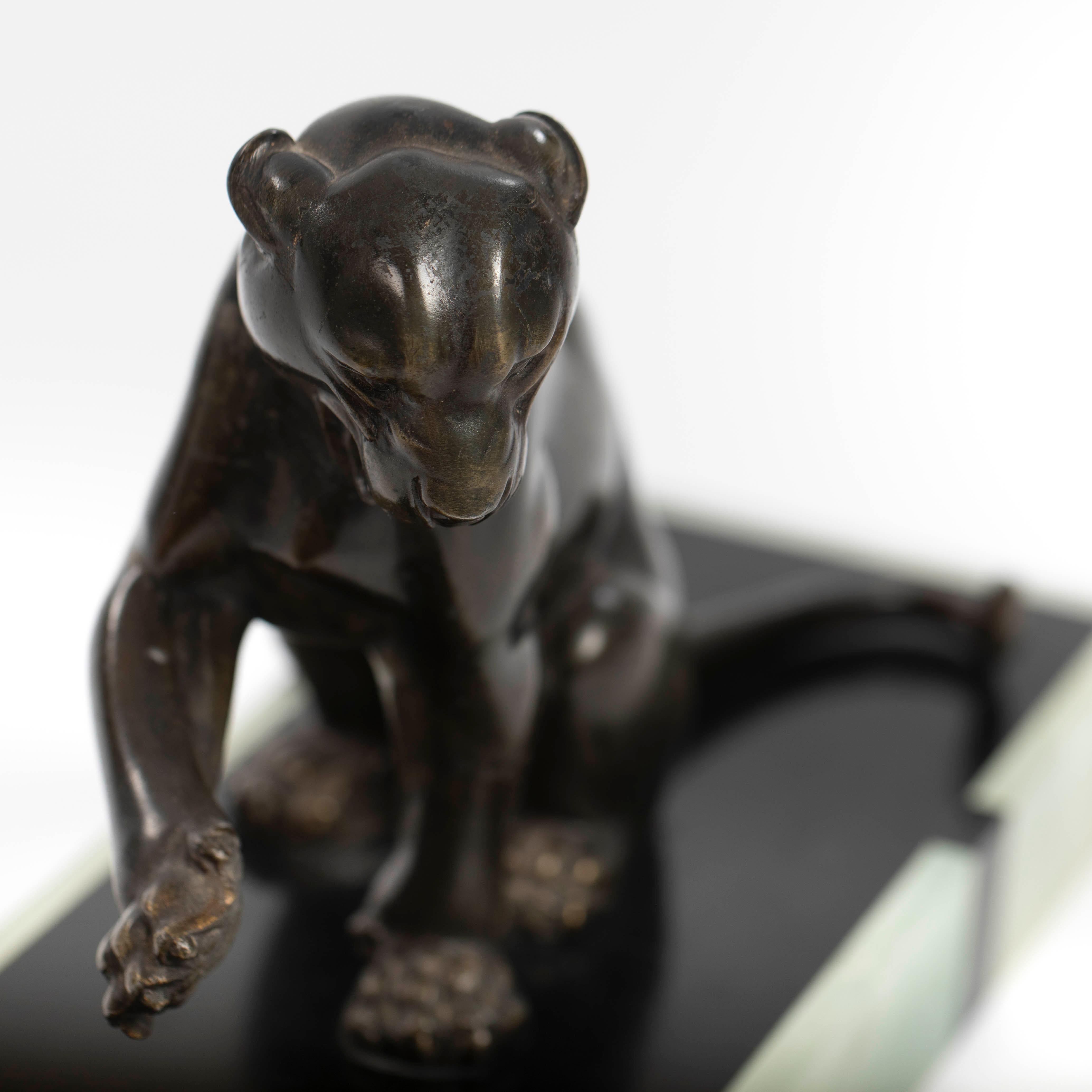 French Art Deco Bronze Panther on Marble Base with Jade Trim, signed LEDUC 1910s For Sale 8