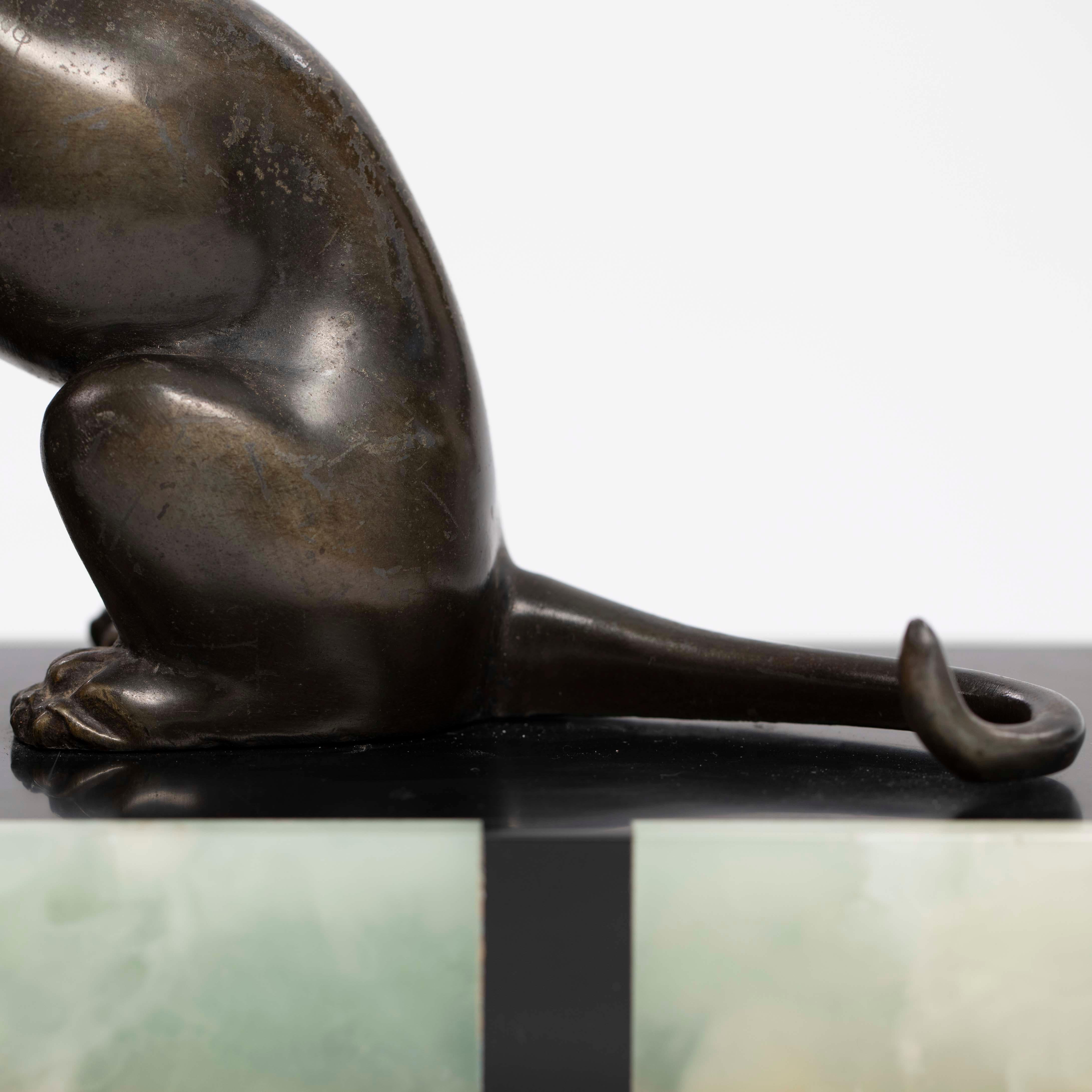 French Art Deco Bronze Panther on Marble Base with Jade Trim, signed LEDUC 1910s For Sale 11
