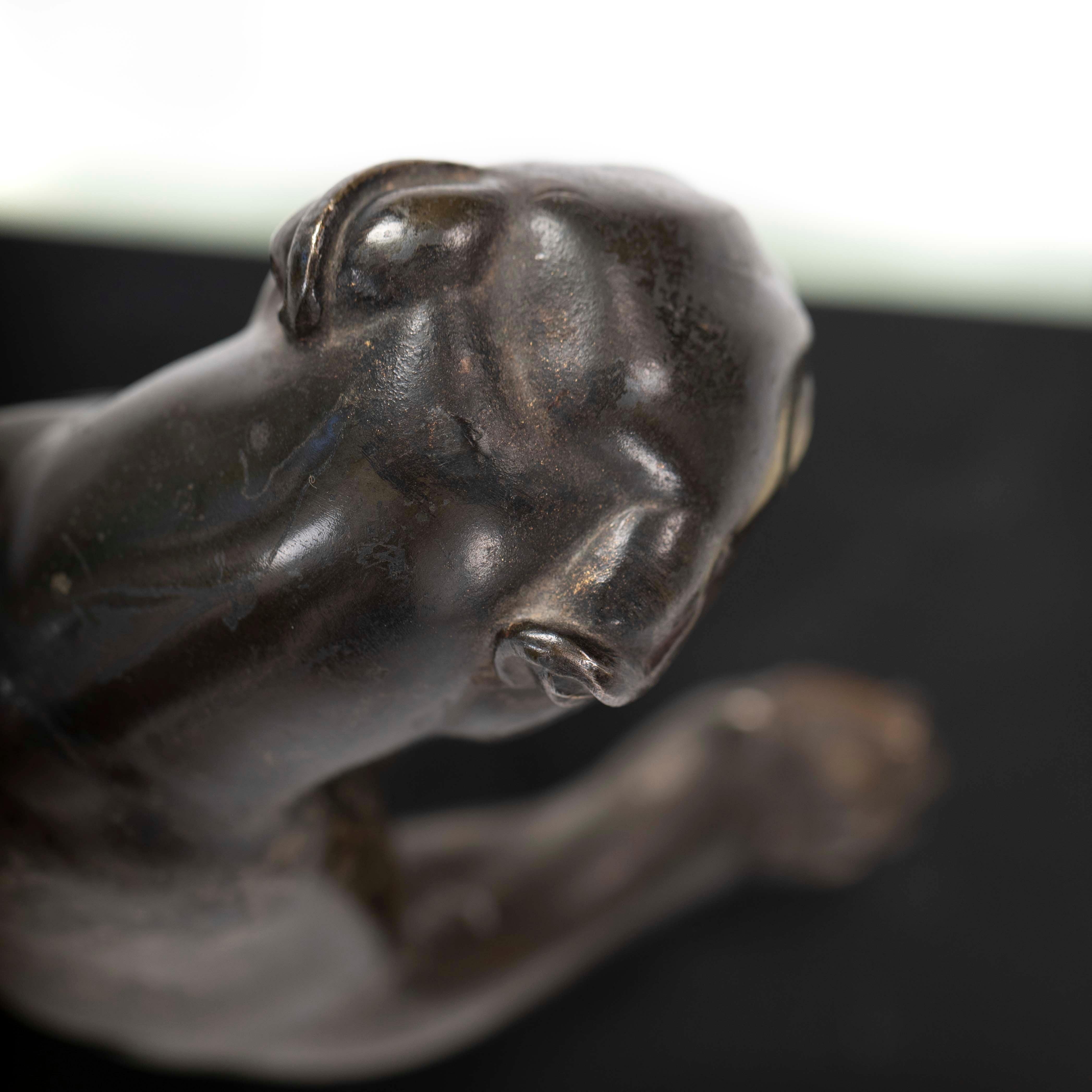 French Art Deco Bronze Panther on Marble Base with Jade Trim, signed LEDUC 1910s For Sale 12
