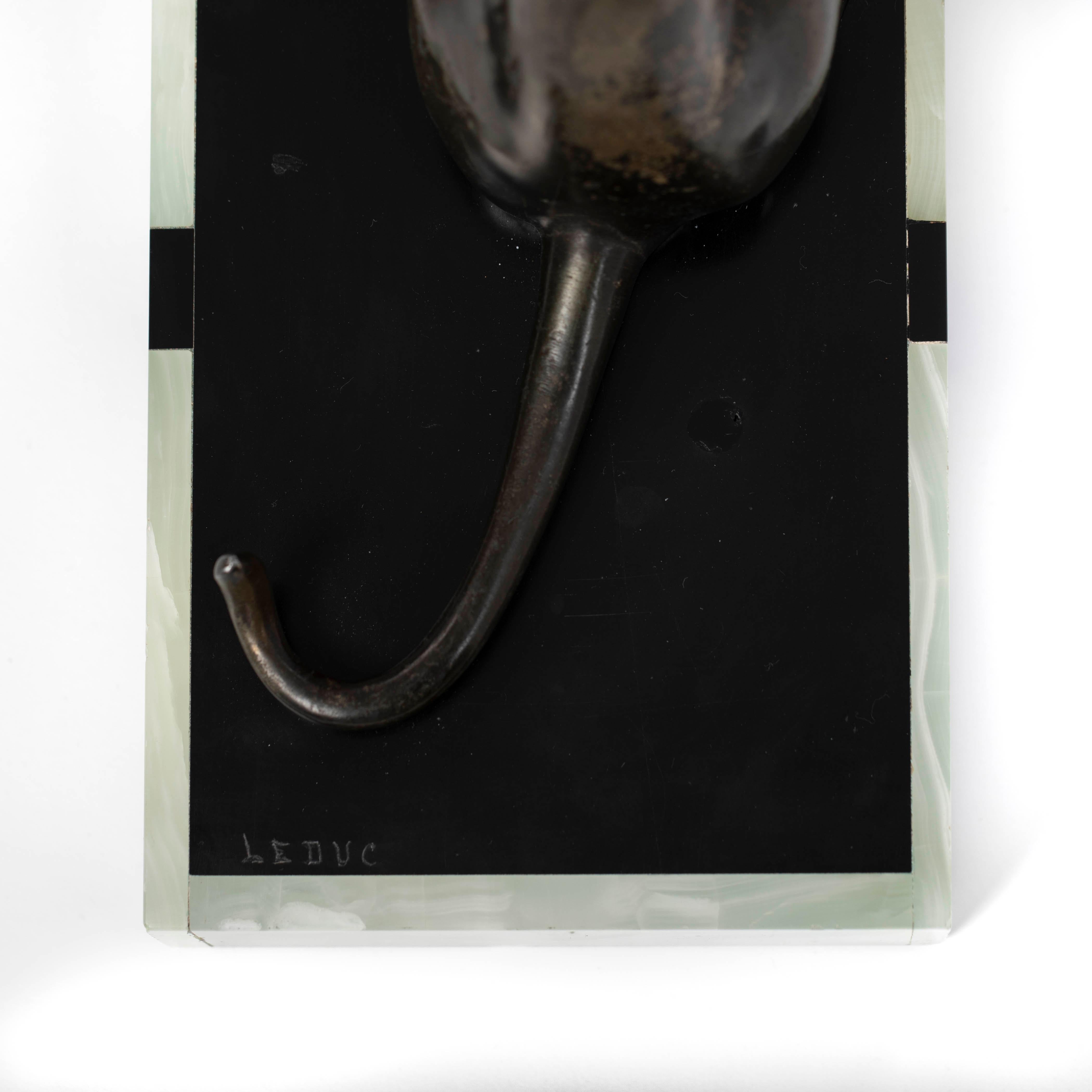 French Art Deco Bronze Panther on Marble Base with Jade Trim, signed LEDUC 1910s For Sale 13