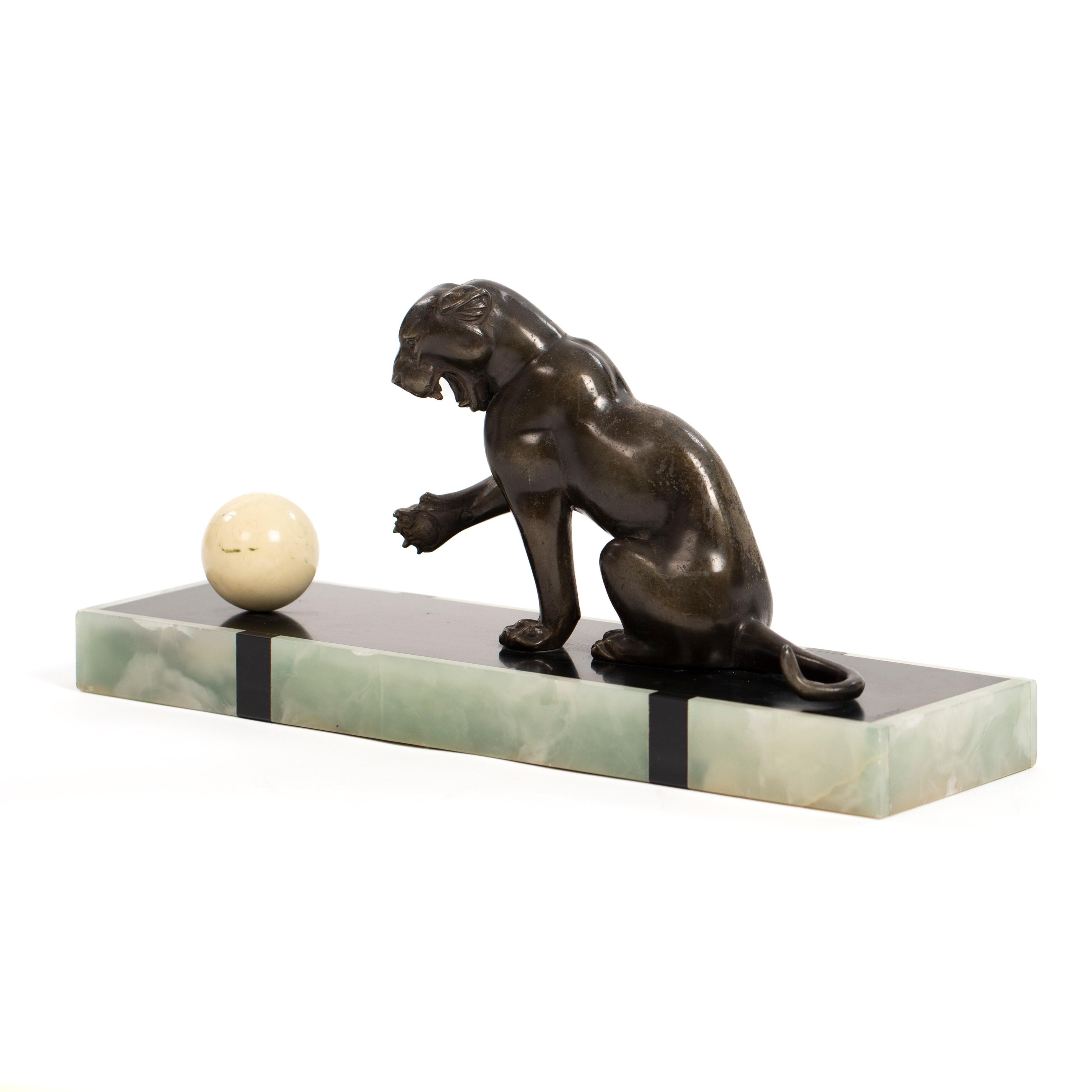 Cast French Art Deco Bronze Panther on Marble Base with Jade Trim, signed LEDUC 1910s For Sale