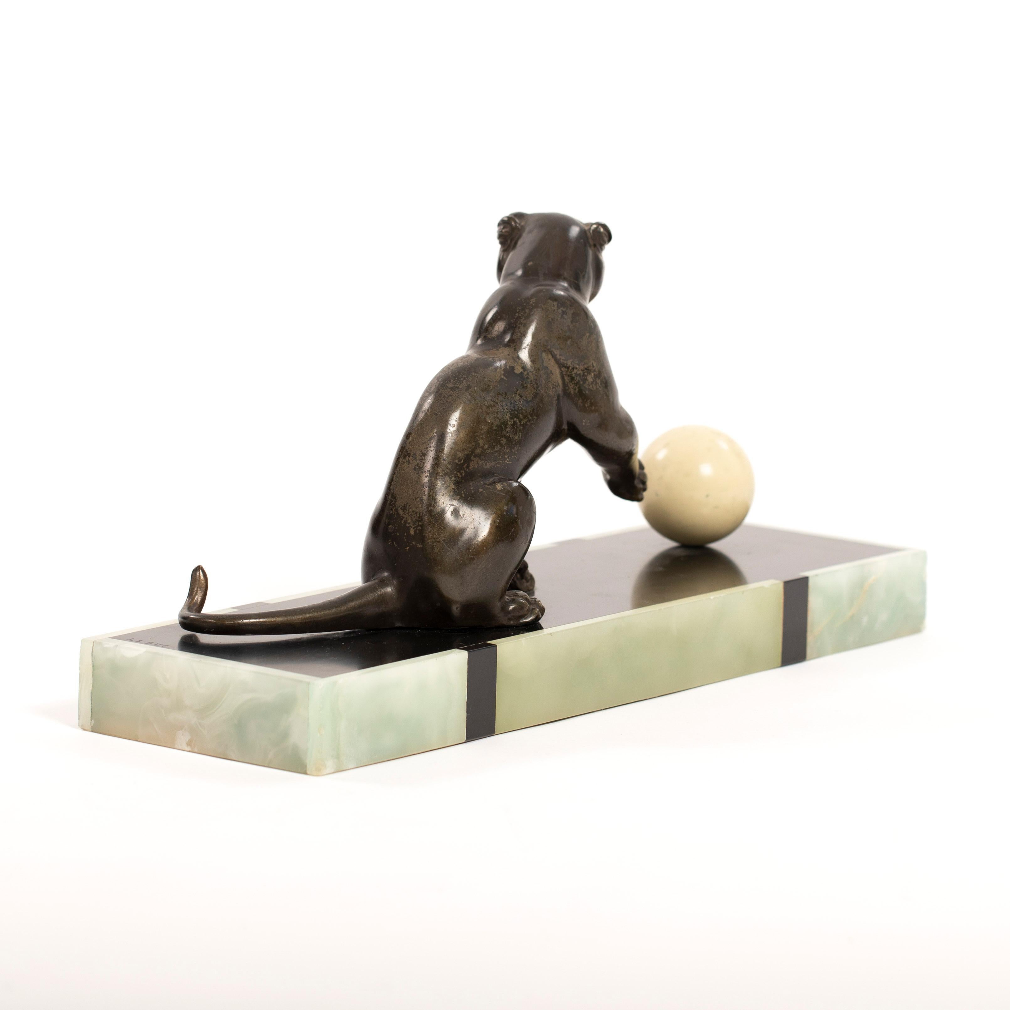 Early 20th Century French Art Deco Bronze Panther on Marble Base with Jade Trim, signed LEDUC 1910s For Sale