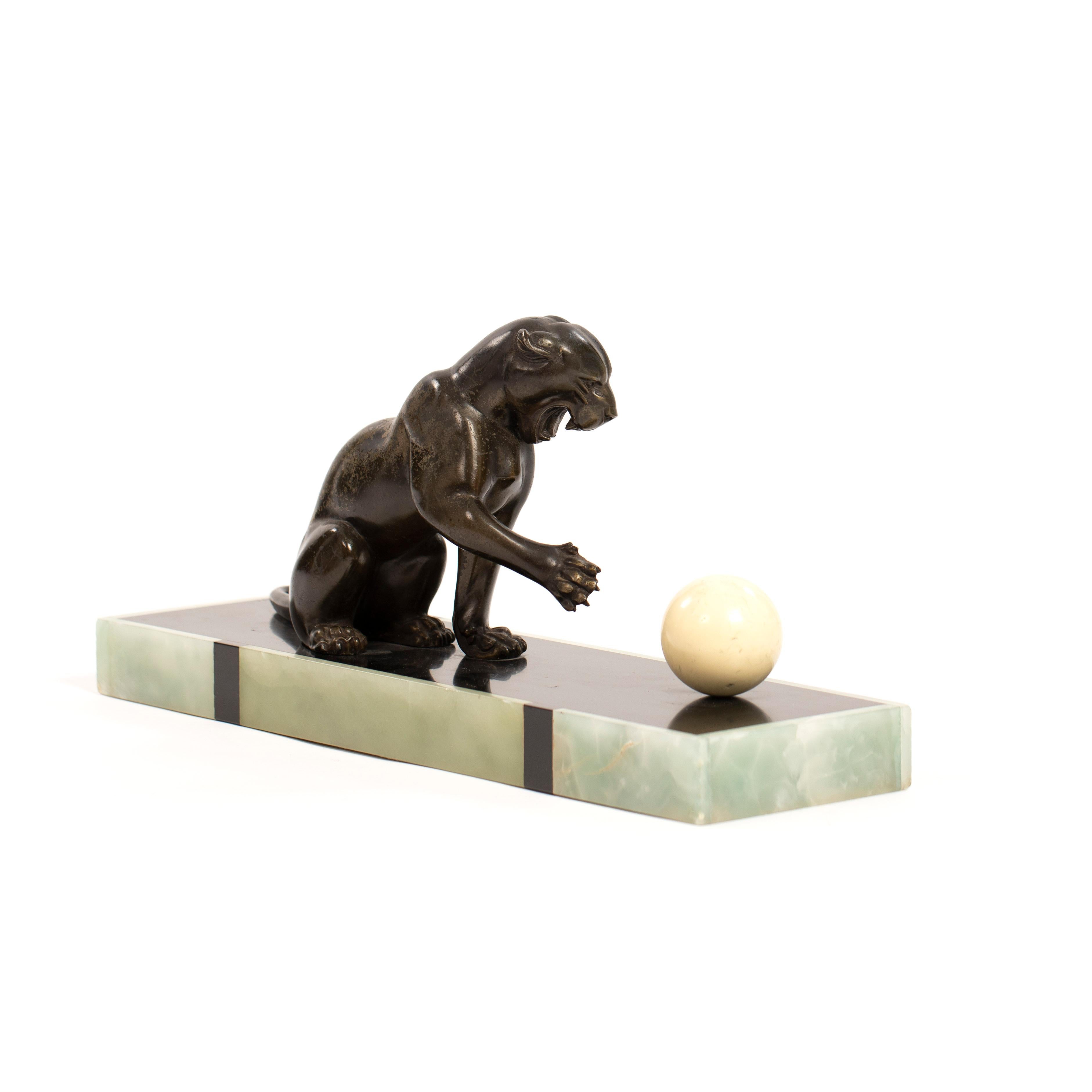 French Art Deco Bronze Panther on Marble Base with Jade Trim, signed LEDUC 1910s For Sale 2