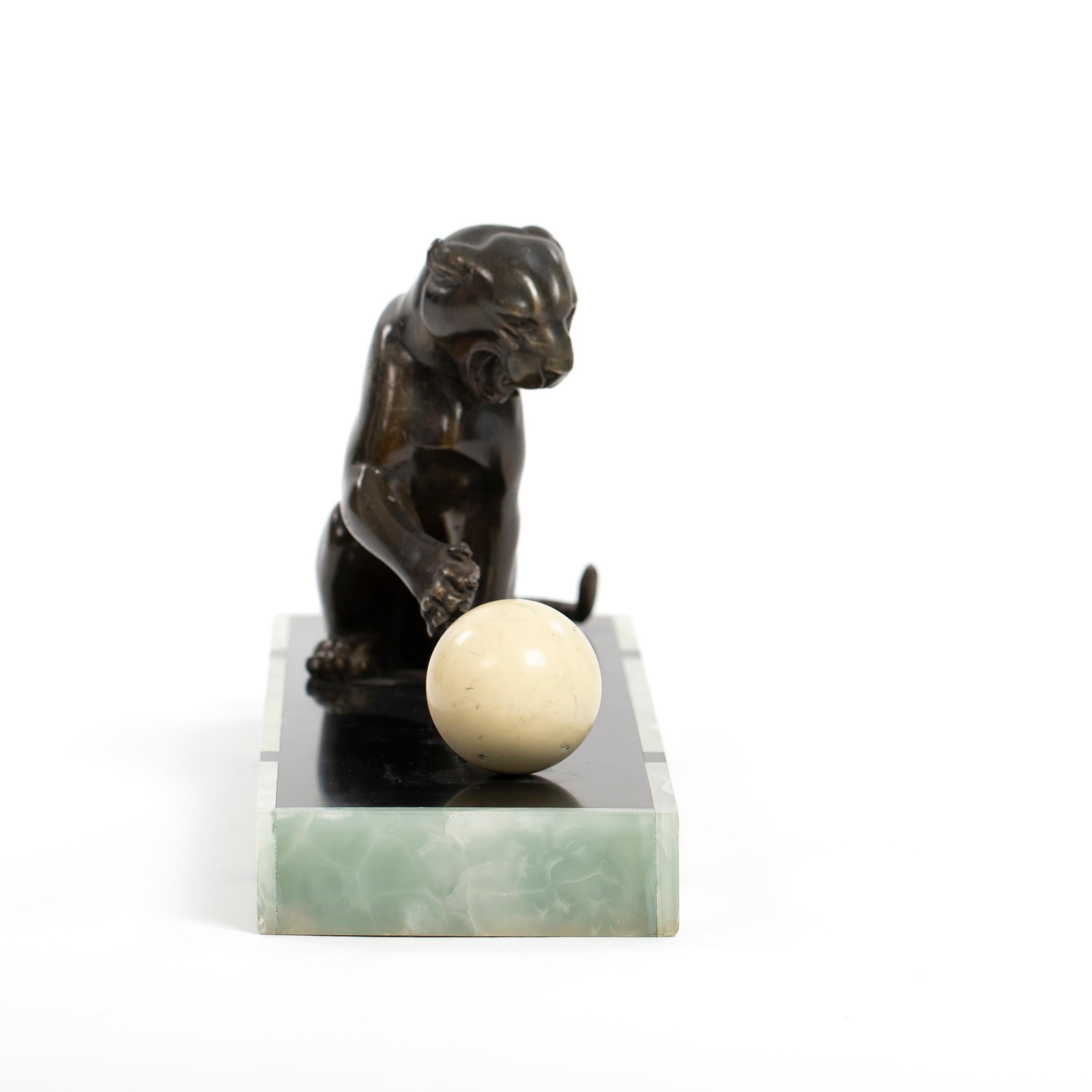 French Art Deco Bronze Panther on Marble Base with Jade Trim, signed LEDUC 1910s For Sale 3