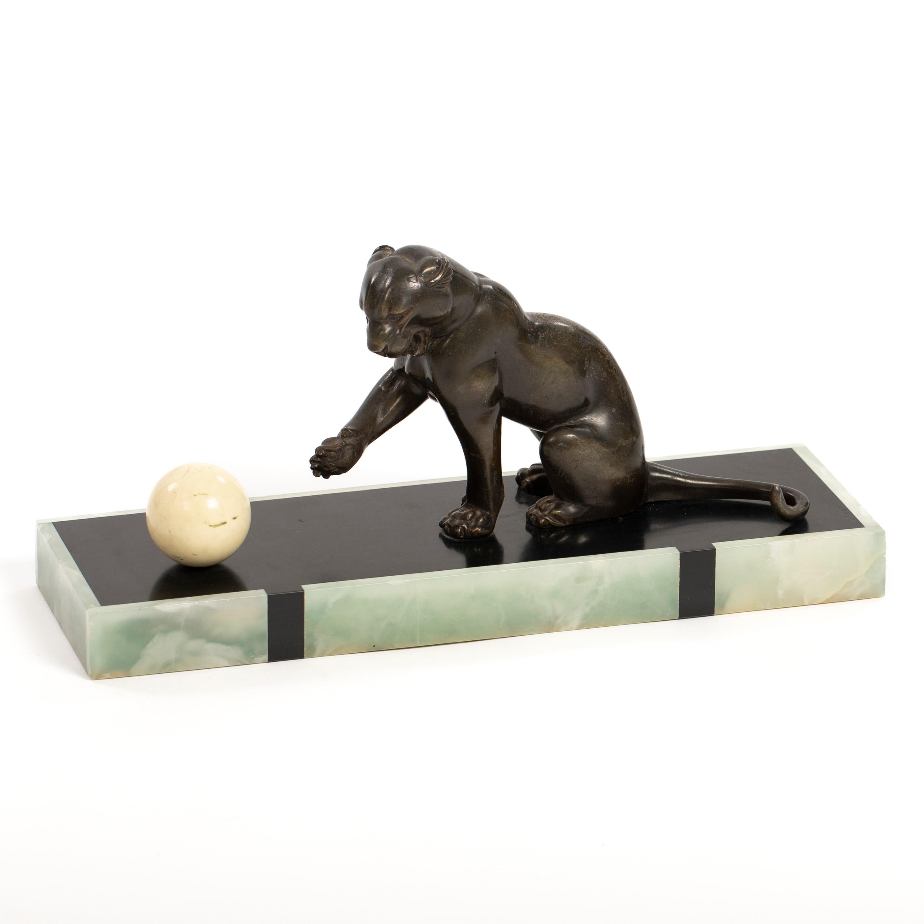 French Art Deco Bronze Panther on Marble Base with Jade Trim, signed LEDUC 1910s For Sale 4