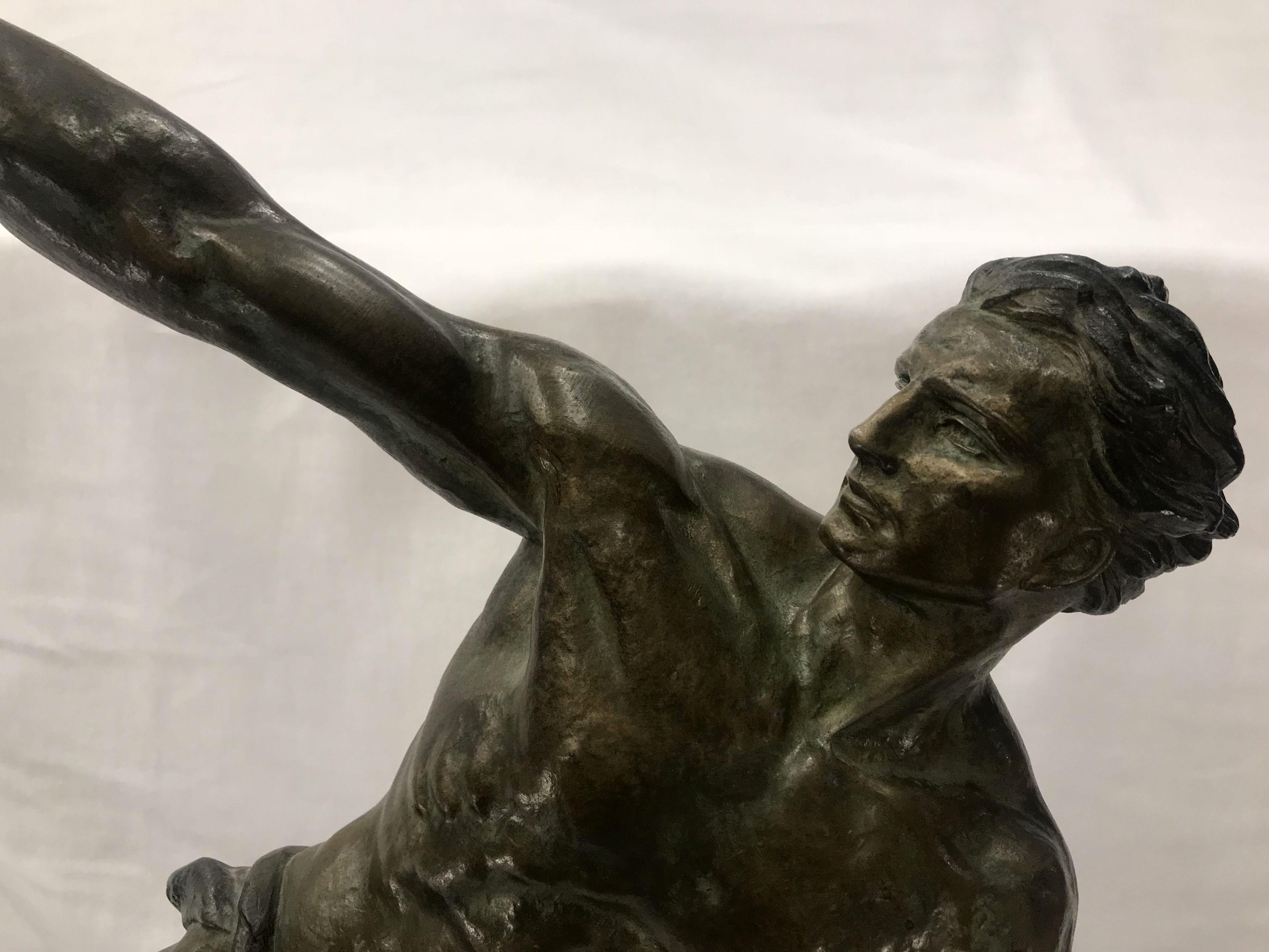Incredible athletic nude bronze sculpture by Jean de Roncourt. Bronze figure on marble base.