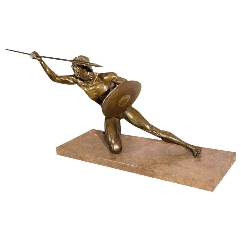 French Art Deco bronze sculpture by O. Cipriani.
Finely cast French Art Deco bronze sculpture on marble base. This handsome French Art Deco bronze of an athlete is signed O. Cipriani on inside of shield. Our stunning deco bronze has the greatest